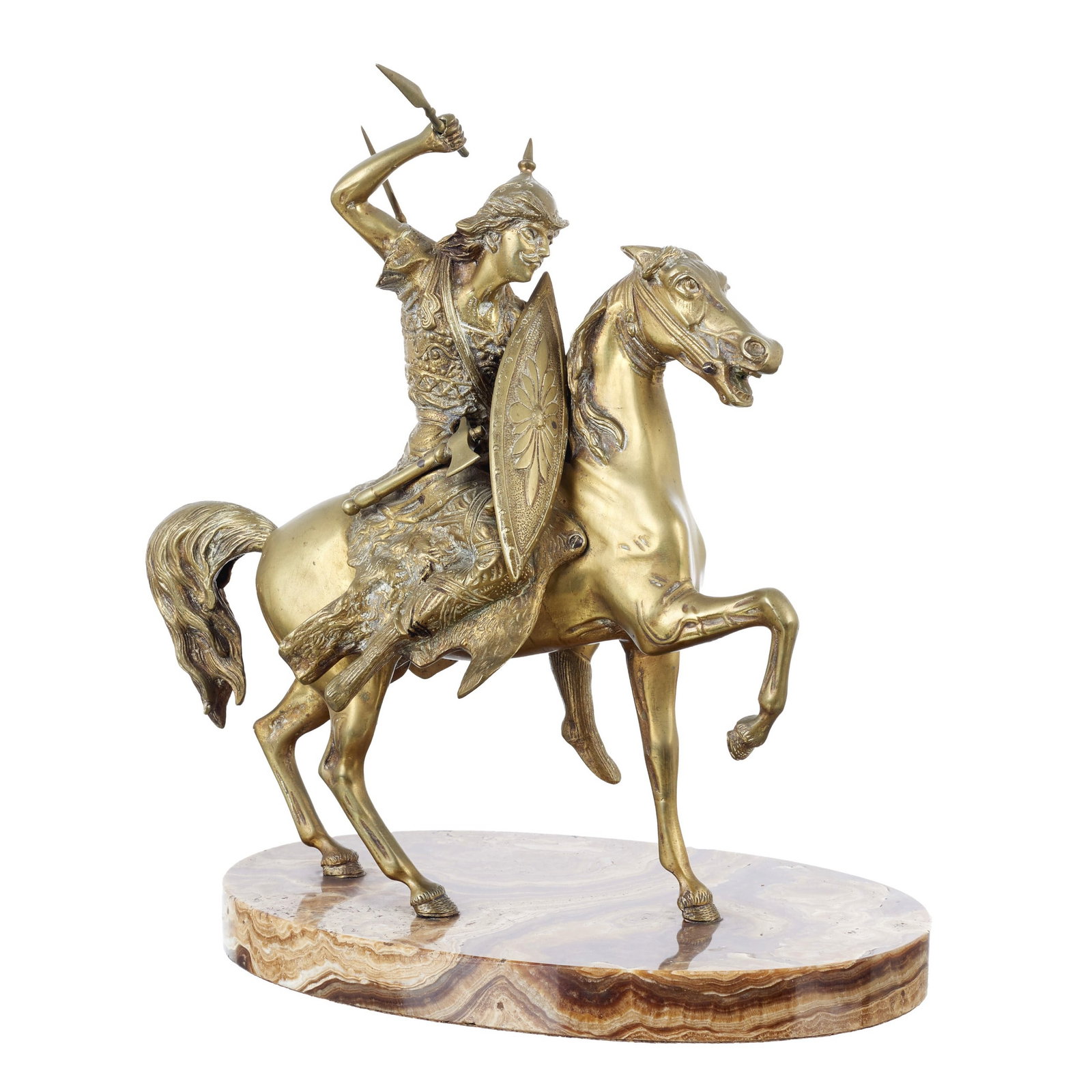 'Alexander the Great with Bucephalus' in bronze: Europe, 20th century, patinated bronze sculpture on marble base, depicting Alexander the Great mounted on his horse Bucephalus. Signs of use. Dim.: 40cm.