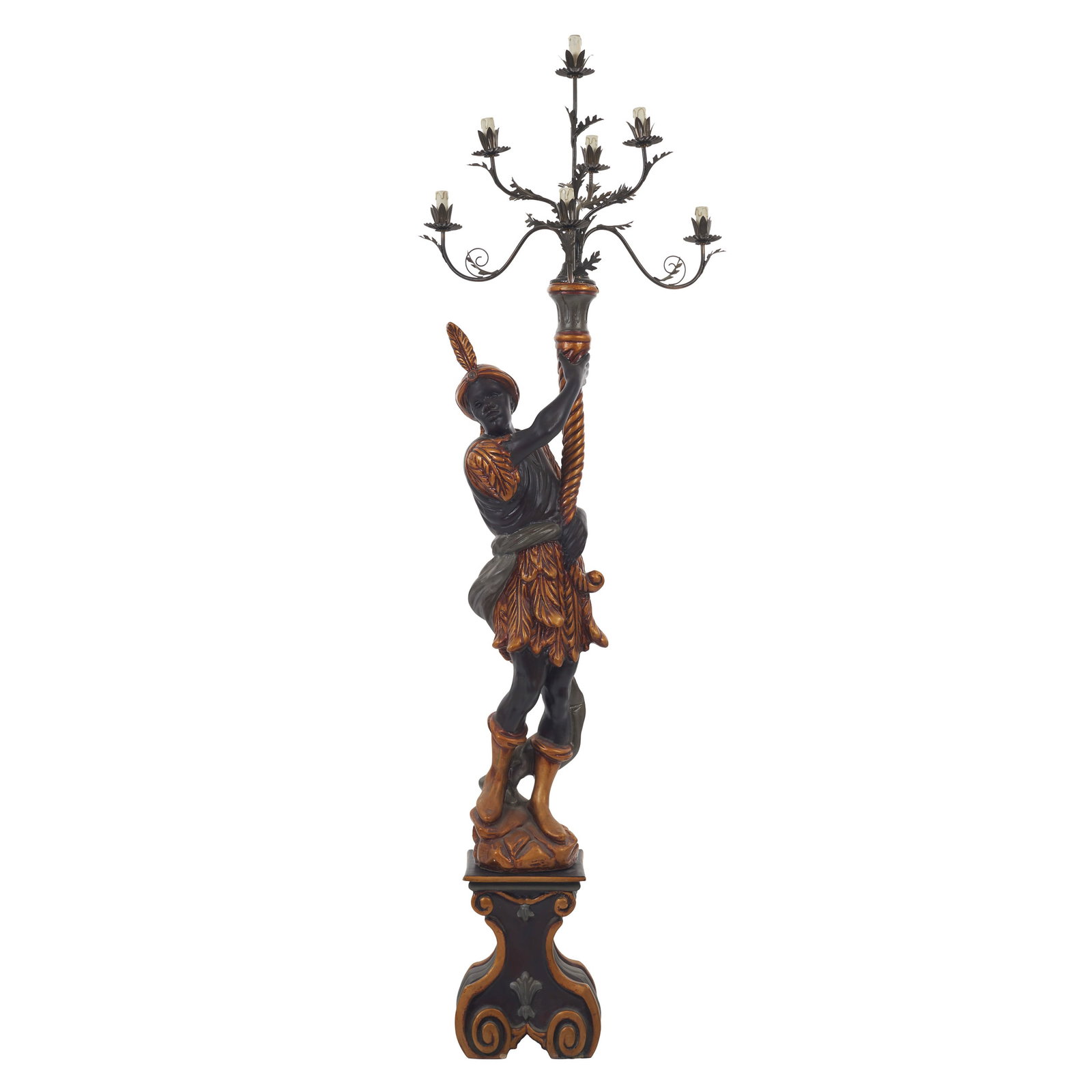 'Venezian' floor lamp: Spain, 20th century, in polychrome and gilded carved wood; scroll-work arm in openwork metal; seven lights. Electrified. Signs of use. Dim.: 215cm.