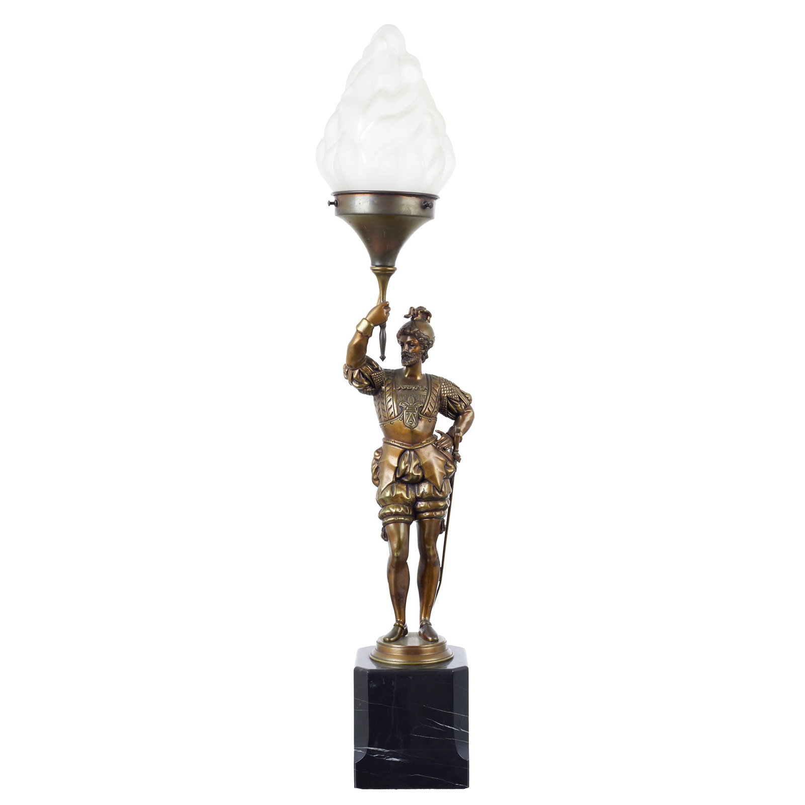 'Warrior' bronze Table Lamp: Portugal, 20th century, bronze, depicting a warrior; frosted glass globe in the shape of a torch; marble base. Electrified. Signs of use. Dim.: 70cm.