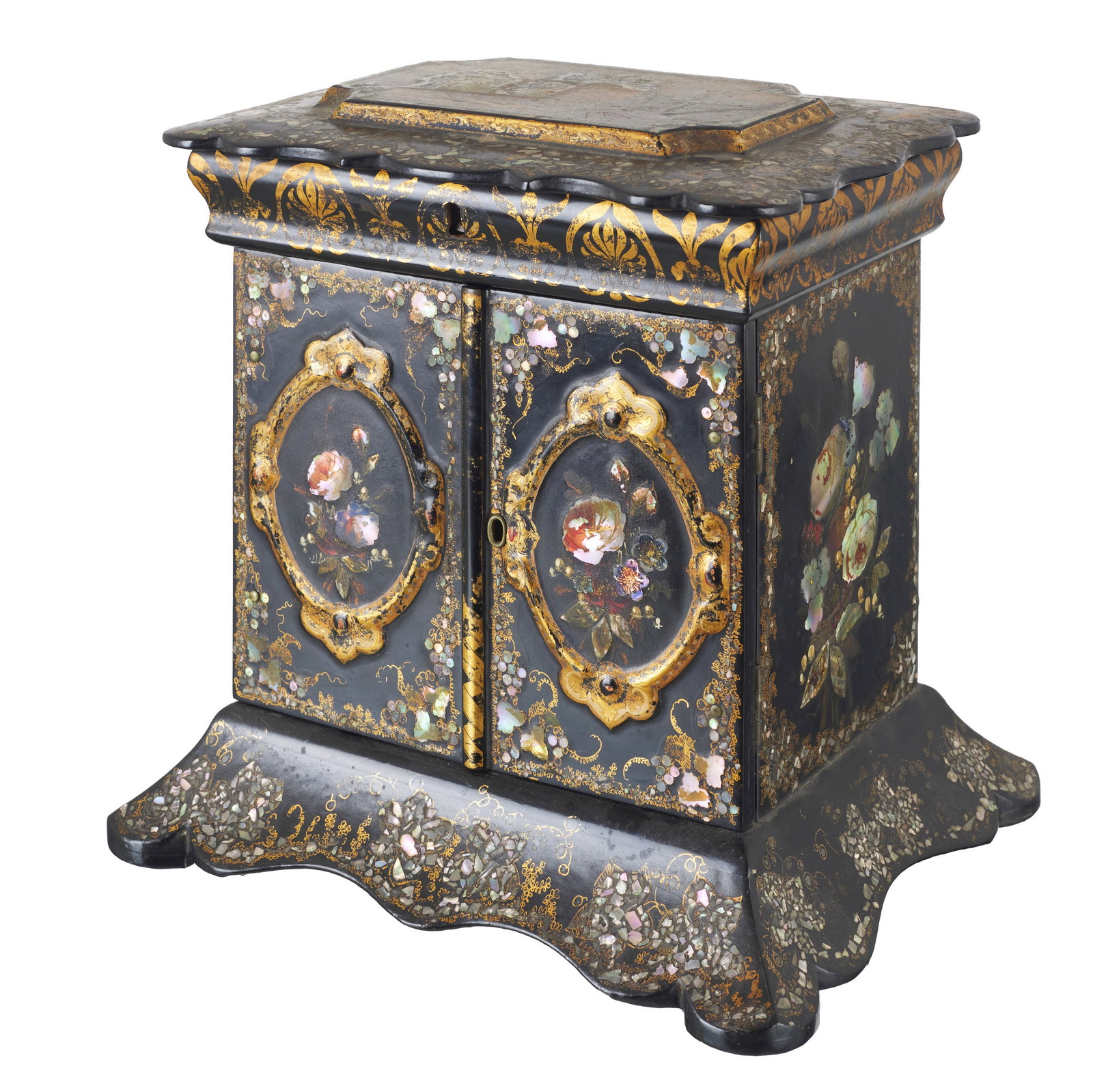 Victorian jewellery cabinet: 19th century, in black-lacquered papier-mache, with polychrome and gilded decoration featuring floral and landscape motifs; mother-of-pearl and abalone shell engravings. Upper compartments lined with