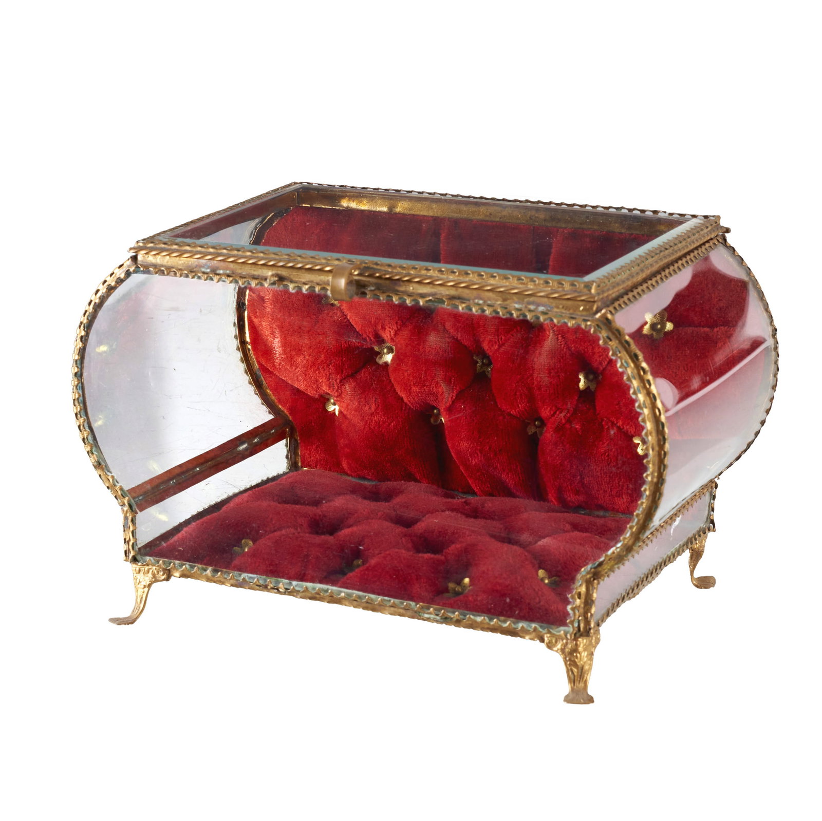 Bombee glass jewellry box: France, c.1880, belle epoque, curved glass case with gold metal frame, velvet back and bottom. Signs of wear. Dim.:15x24x14cm.