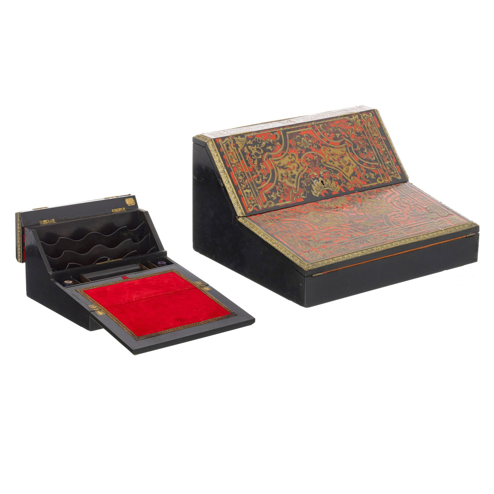 Boulle writing desk: France, 19th century, lap table in 'Boulle' Napoleon III marquetry with brass and turtle inlays, with two openings, forming letter holders and na interior equipped for writing. Dim.:18.5x33x29cm