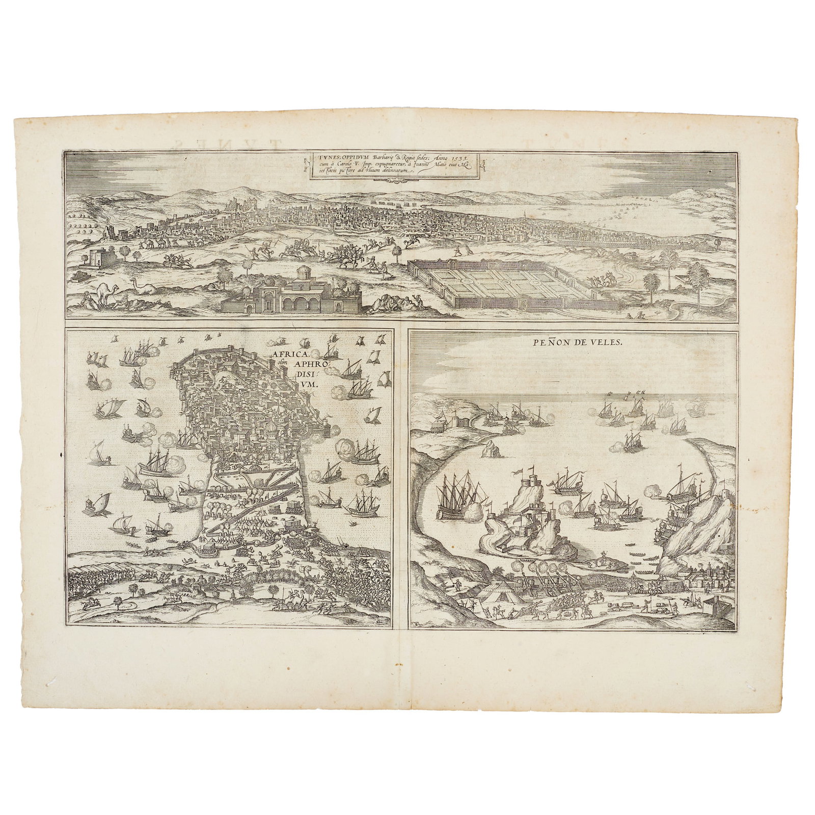 BRAUN & HOGENBERG - 'Civitates Orbis Terrarum' Views of Africa: Cologne, c. 1575, Volume II, p. 57; copperplate engraving with descriptive text in Latin on the reverse. Signs of use. Dim.: 41,5x53,5cm.