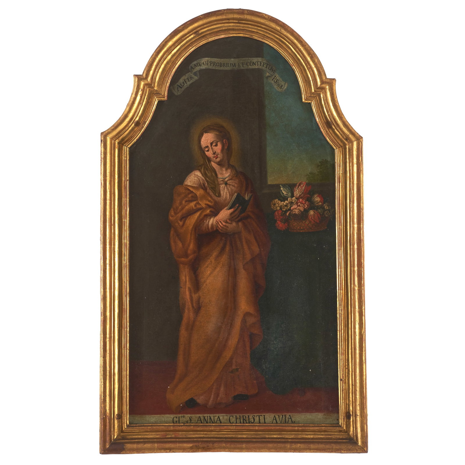 PORTUGUESE SCHOOL, 17thC - Saint Anne: Oil on canvas. Giltwood frme, inscription on bottom. Dim.: 112x60cm.