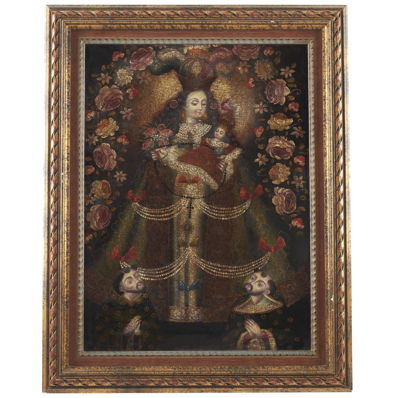 CUSCO SCHOOL, 17th/18th centuries - Our Lady Rosary of Pomata: Oil on canvas. Carved wooden frame. Dim.: 70x51cm.