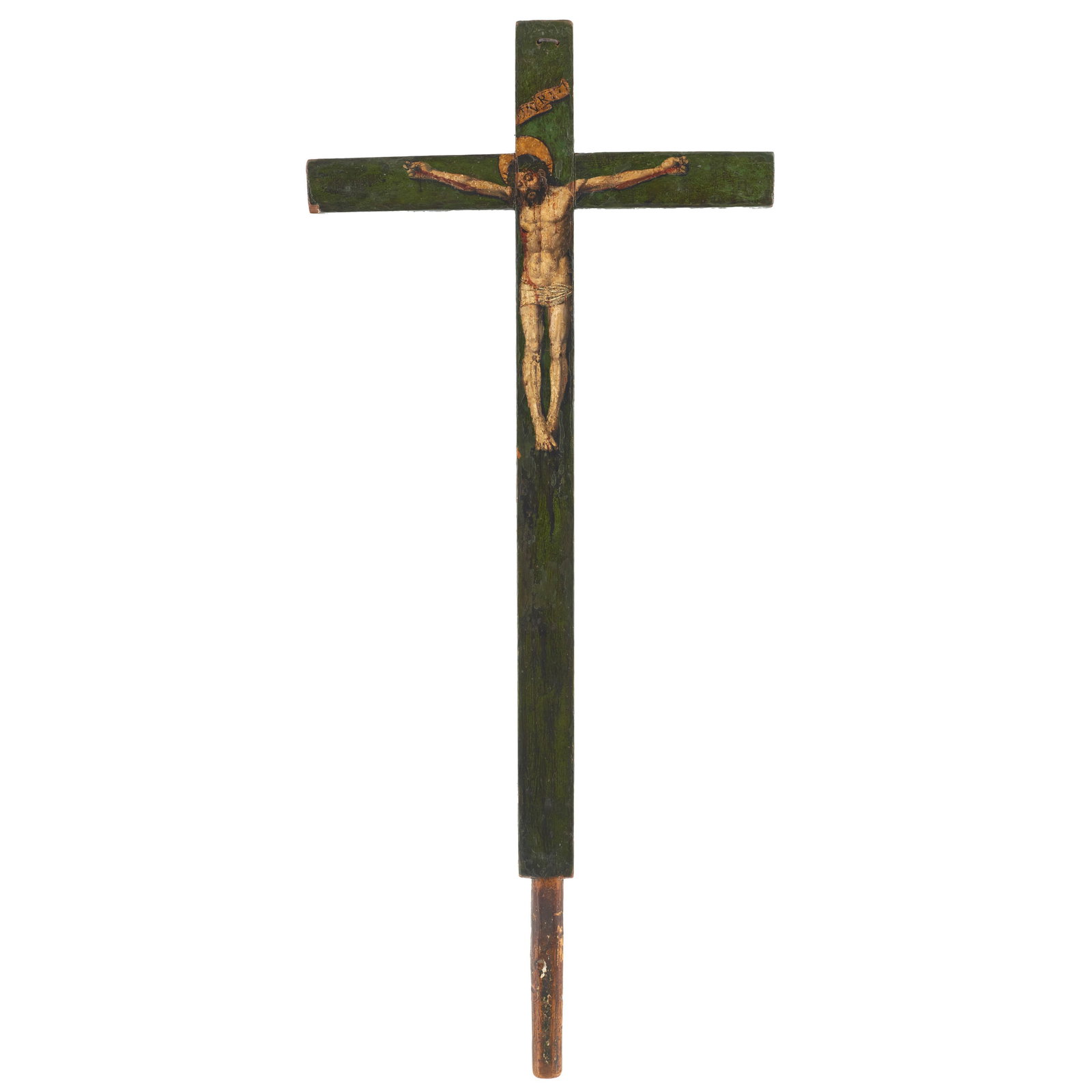 CATALLAN SCHOOL, 15th-16th centuries - Processional cross: Riga pine wood, painted in oil and gold, depicting Christ on the Cross. Signs of use; minor flaws in the paintwork. Dim.: 119?51cm.