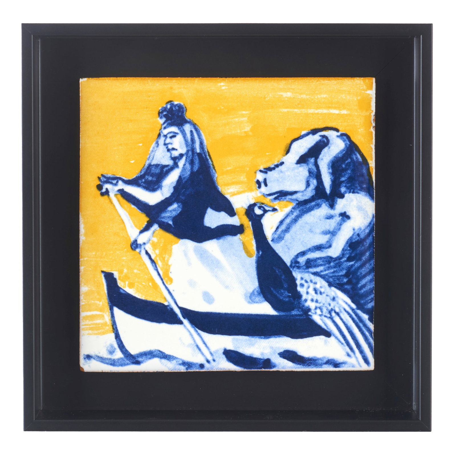 PAULA REGO (1935-2022) - 'Woman with a veil and animals on boat' Tile: Glazed ceramic with polychrome decoration, depicting a veiled woman, a dog and a peacock in a boat. 'Ceramicas Ratton' edition. Marked and signed on the reverse. Framed. Dim.: 14x14cm.