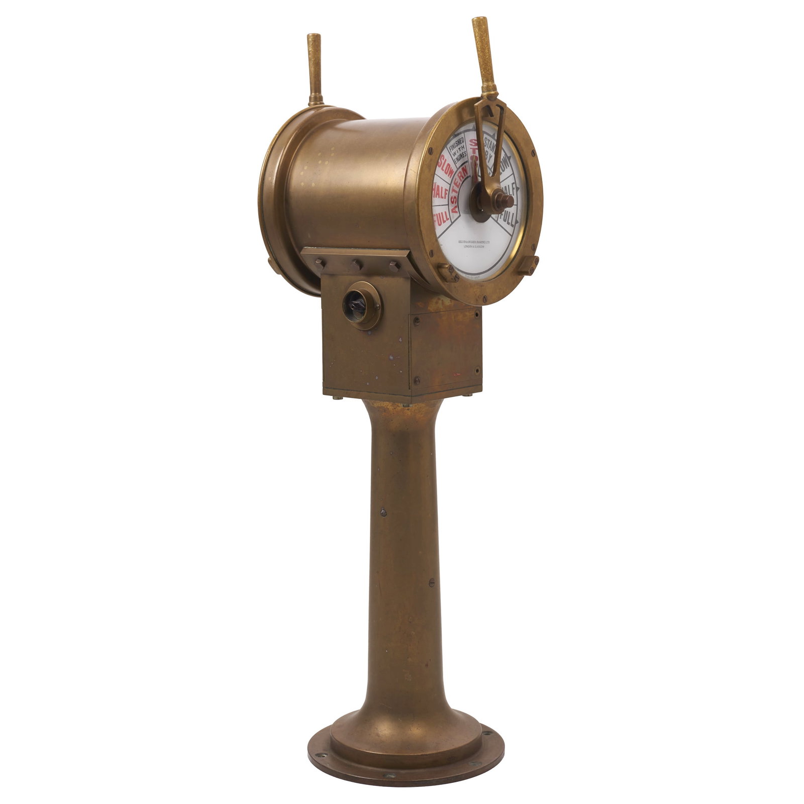 KELVIN & HUGHES MARINE, Ltd. - Marine telegraph: United Kingdom, 20th century, made of brass with a double-sided circular dial and side control levers. Marked. Signs of use. Dim.: 111cm.