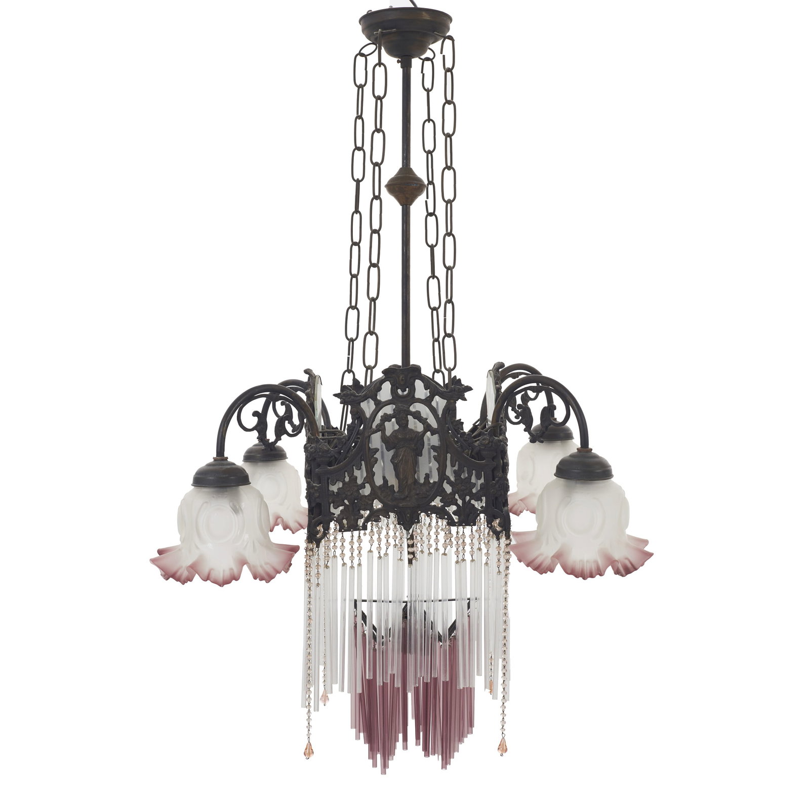 Art Nouveau style Ceiling Lamp: France, 20th century, in embossed and hollow-cast patinated metal, with floral motifs and female figures; scroll-shaped arms with volutes; four-light fixture with tulip-shaped shades and pendants in f