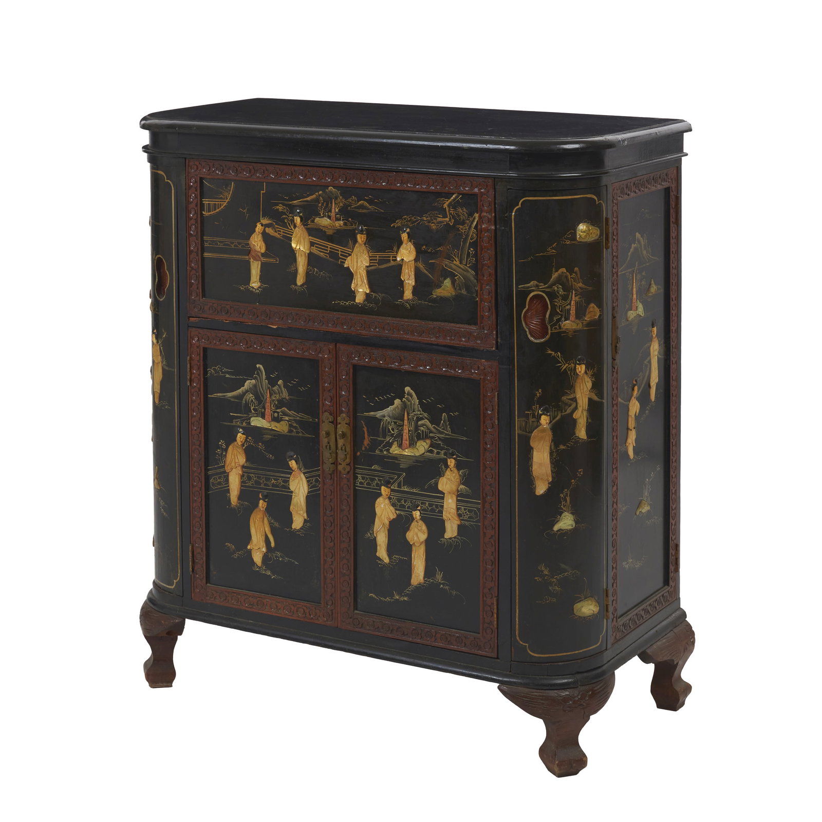 Chinese Bar Cabinet: China, 20th century, made of black-lacquered wood with semi-precious stone inlays depicting figures in a landscape; interior featuring various compartments, shelves and cup holders. Signs of use.