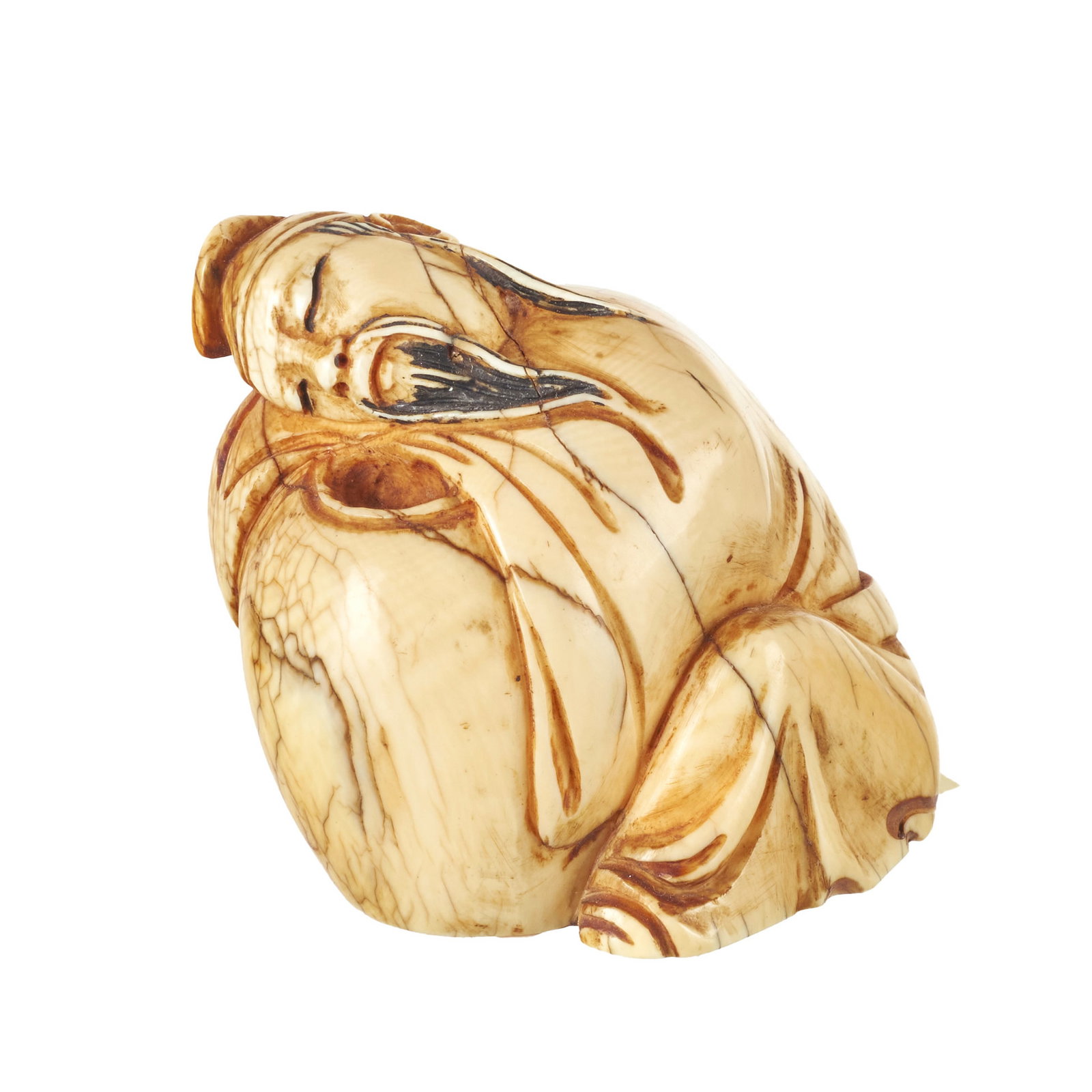 Chinese Ivory carving 'Poussah': China, Republic, ivory sculpture depicting Poussah. Marked. Signs of use and a small defect. Dim.: 7 cm.