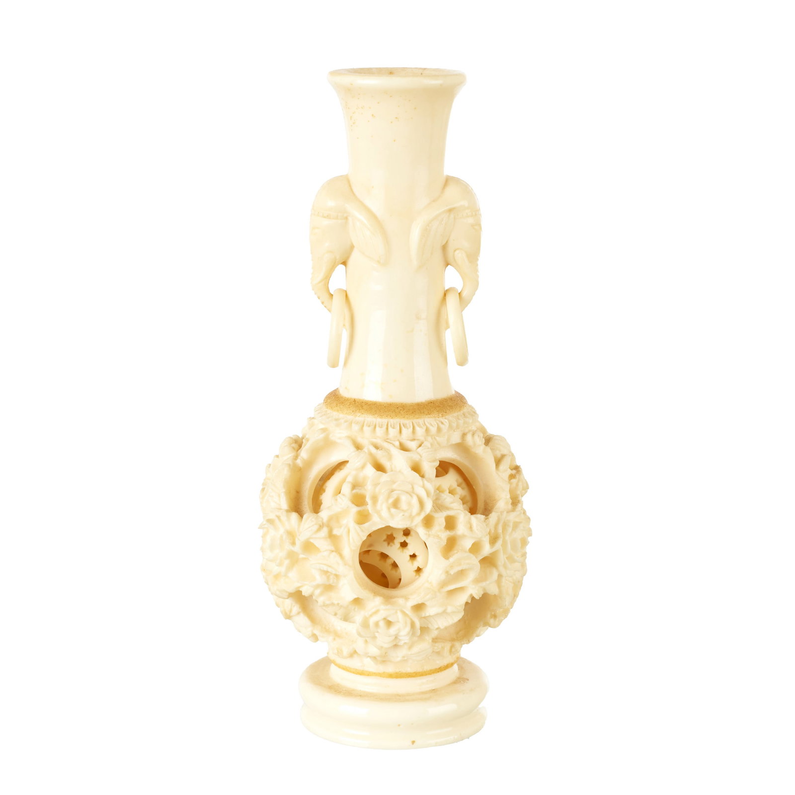 Chinese ivory jug with 'Ball of Happiness': China, Minguo, carved and hollowed ivory, with 'lucky ball' inside; side handles in the shape of na elephant's head. Signs of use. Dim.: 18cm.