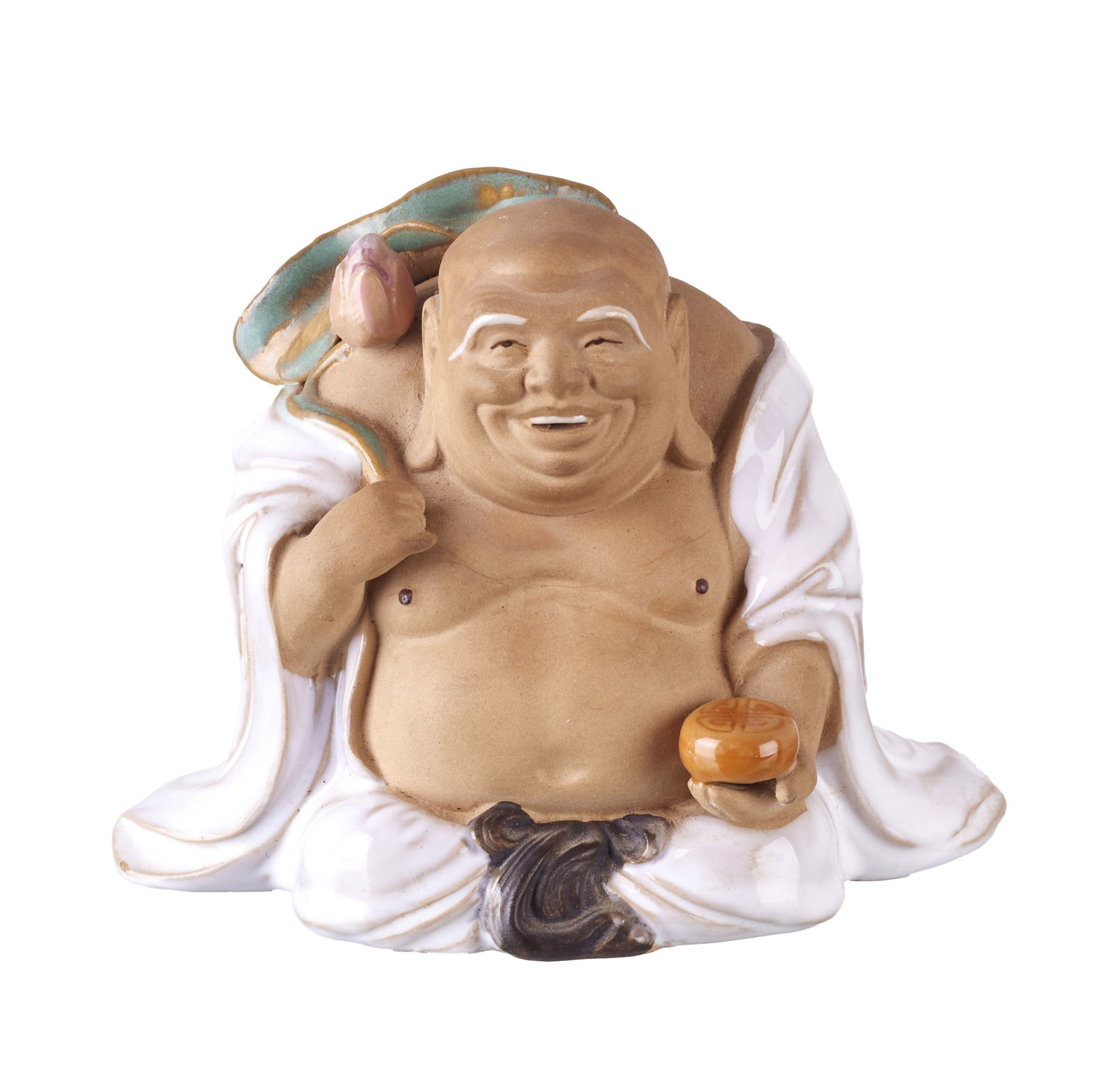 Shiwan ceramic Buddha, Republic: China, Republic, Shiwan pottery with polychrome glazed and unglazed decoration. Signs of use. Dim.: 11cm.