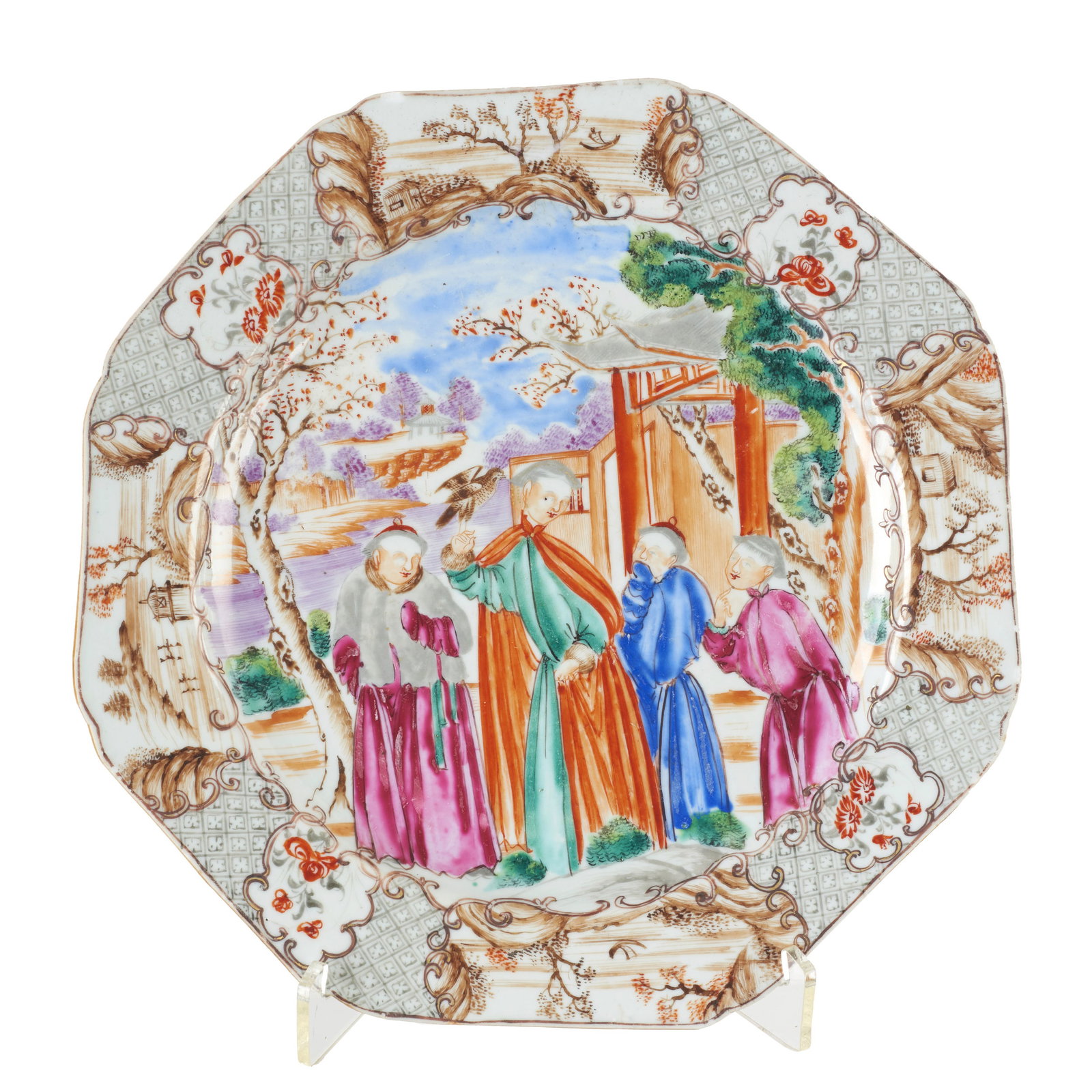 Octagonal Chinese mandarin plate, Qianlong: China, Qianlong period, polychrome enamel decoration in the pink family, depicting figures in a landscape. Marked. Signs of use. Dim.: 22 cm.