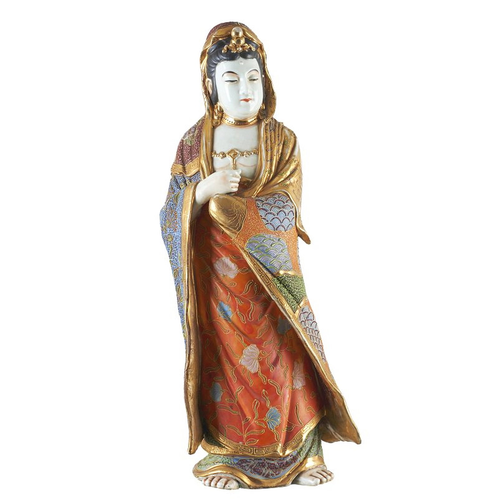 Japanese porcelain Kannon figure: Japan, Kutani porcelain, polychrome and gilded decoration, Meiji period (1868-1912), signs of use, one foot glued on. Dimensions: 58cm