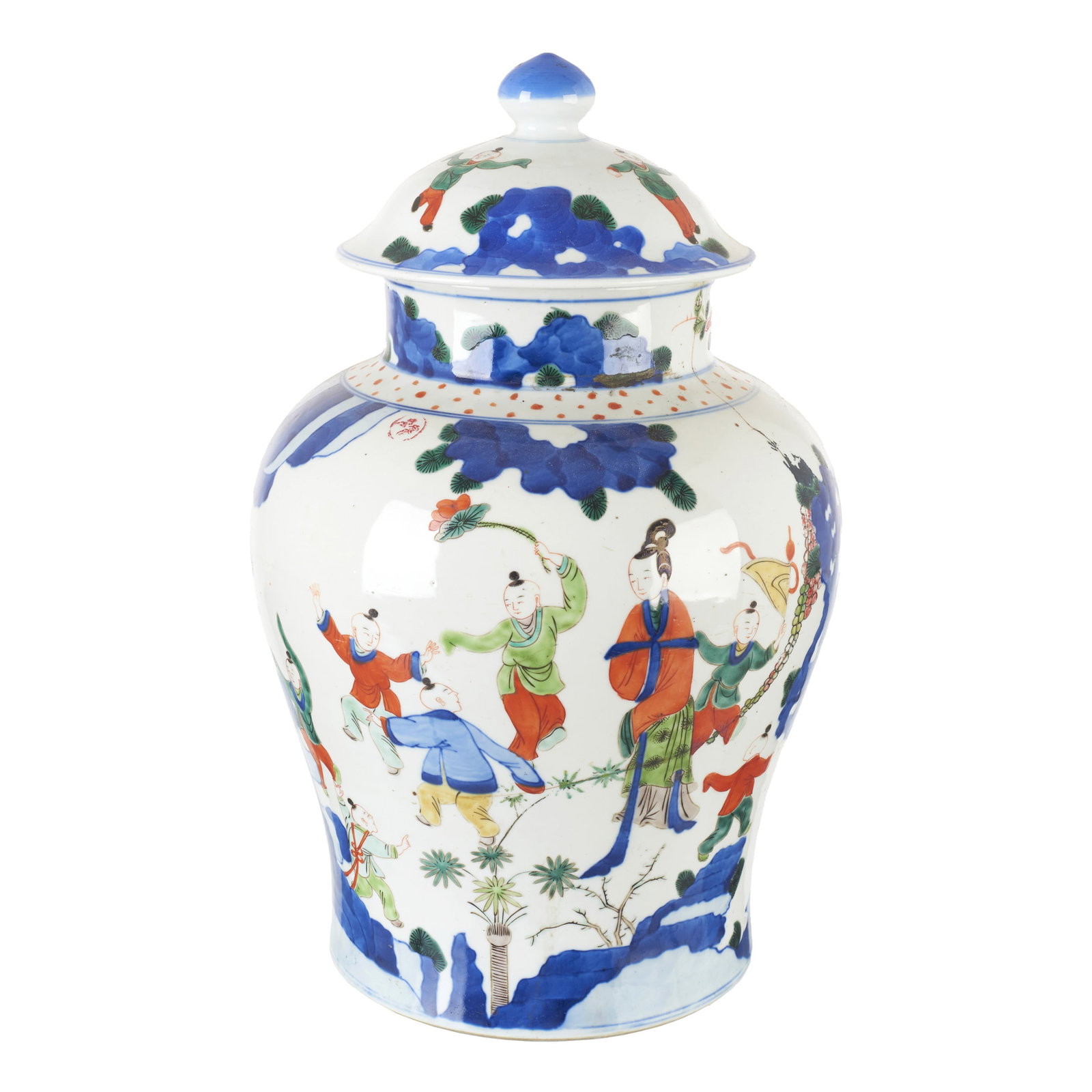 Wucai Chinese porcelain pot: China, 19th/20th century, Transitional style, Wucai decoration enamelled in the green family, depicting figures. Signs of use, hair. Dim.: 42 cm.