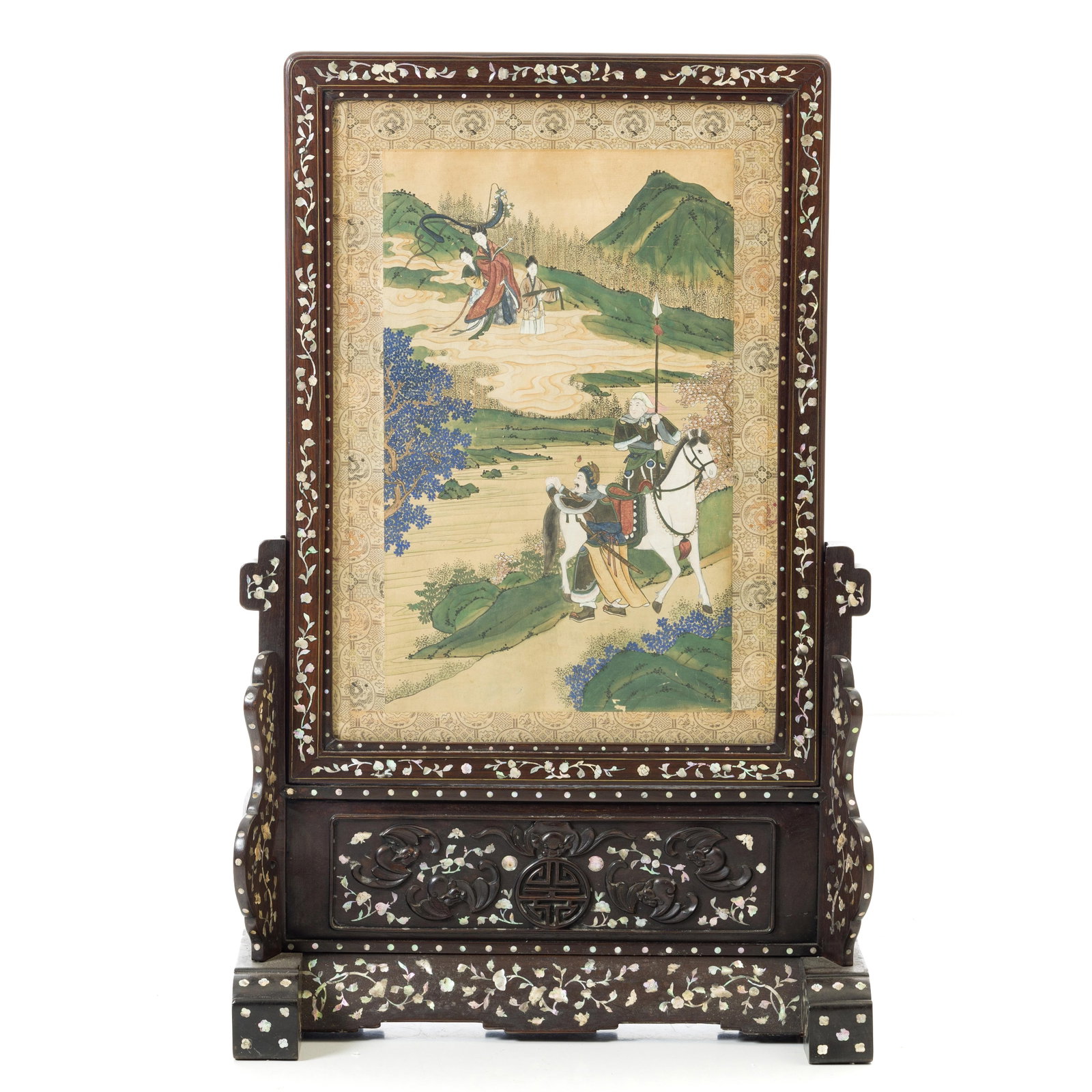 Chinese hongmu inlaid table screen, 19th century: China, 19th century, carved hangmu frame with mother-of-pearl inlays and scroll painting over embroidered silk background depicting horserider and figures on a landscape. Signs of use. Dim.: 133.5x61x