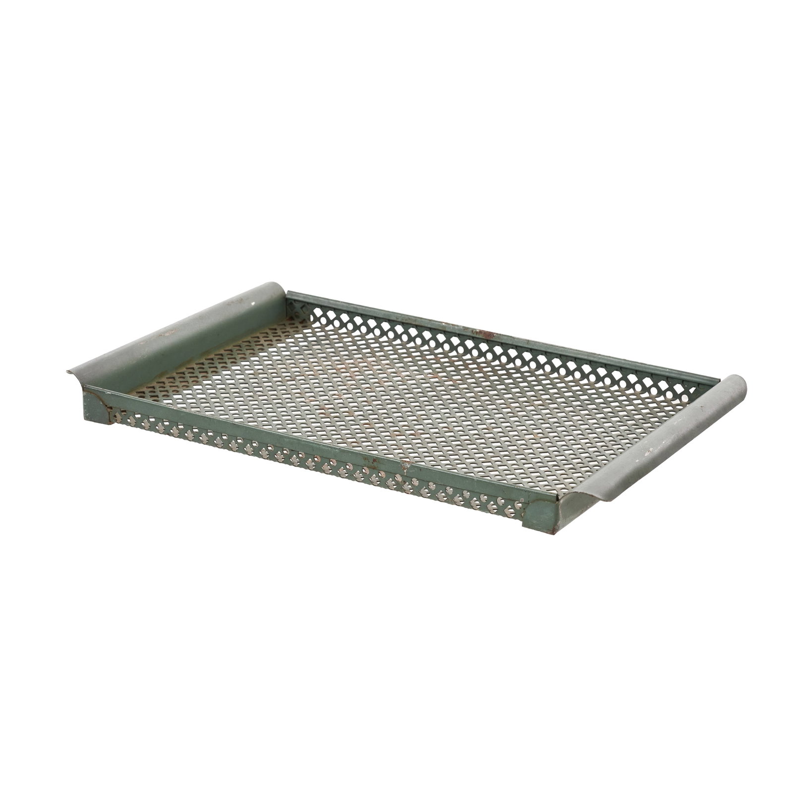 Style of MATHIEU MATeGOT (1910-2001) - Tray: France, c. 1950, perforated metal sheet, lacquered green. Signs of use and minimal rust. Dim.: 24.5x39.5cm.