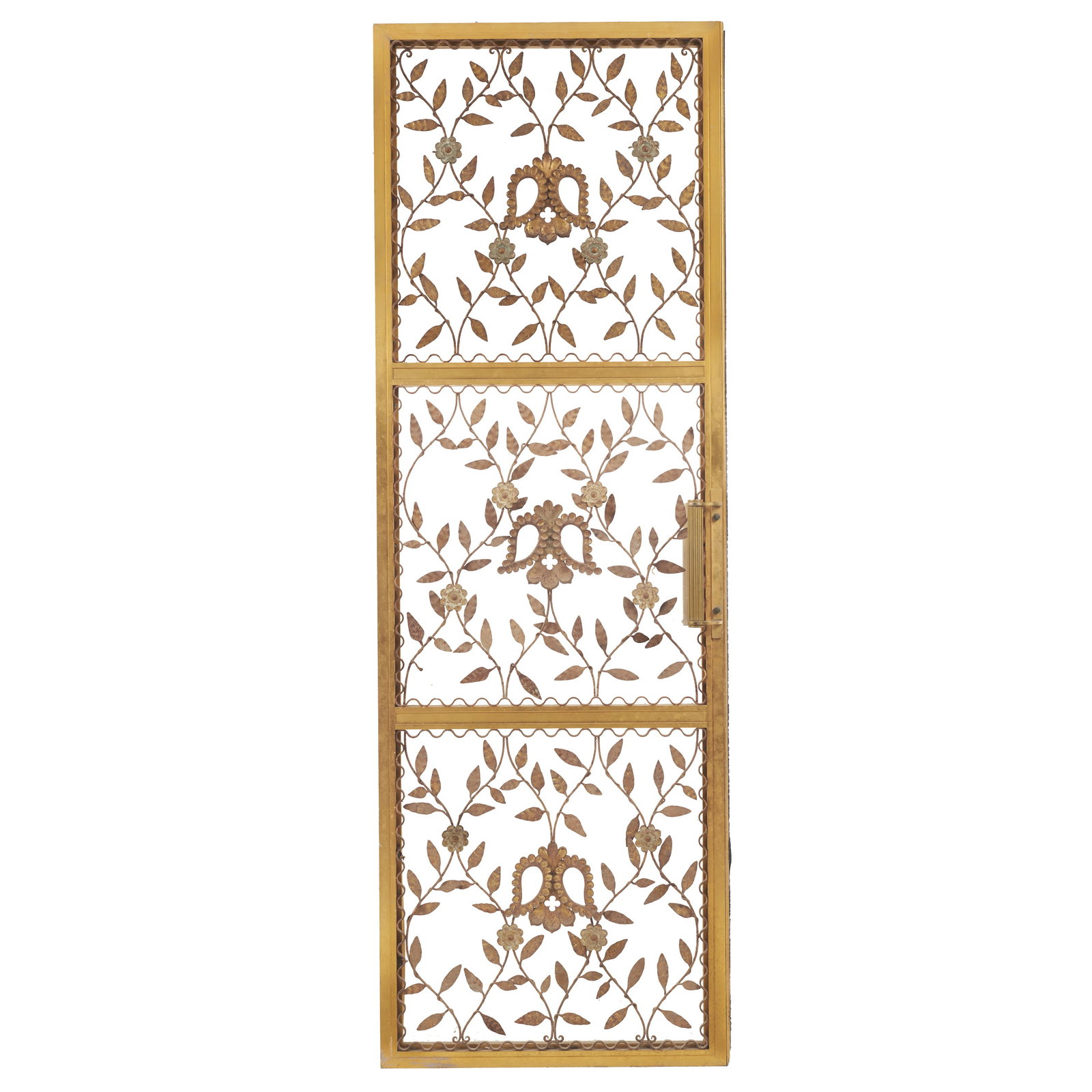 PORTUGUESE WORK, c.1950 - Pair of large doors, Santa Maria Cruiseship: Portugal, c. 1950, brass-plated steel frame; cut-out and openwork decoration in wrought iron, featuring floral motifs. From the Second-Class Restaurant on the liner Santa Maria. Signs of use and oxida