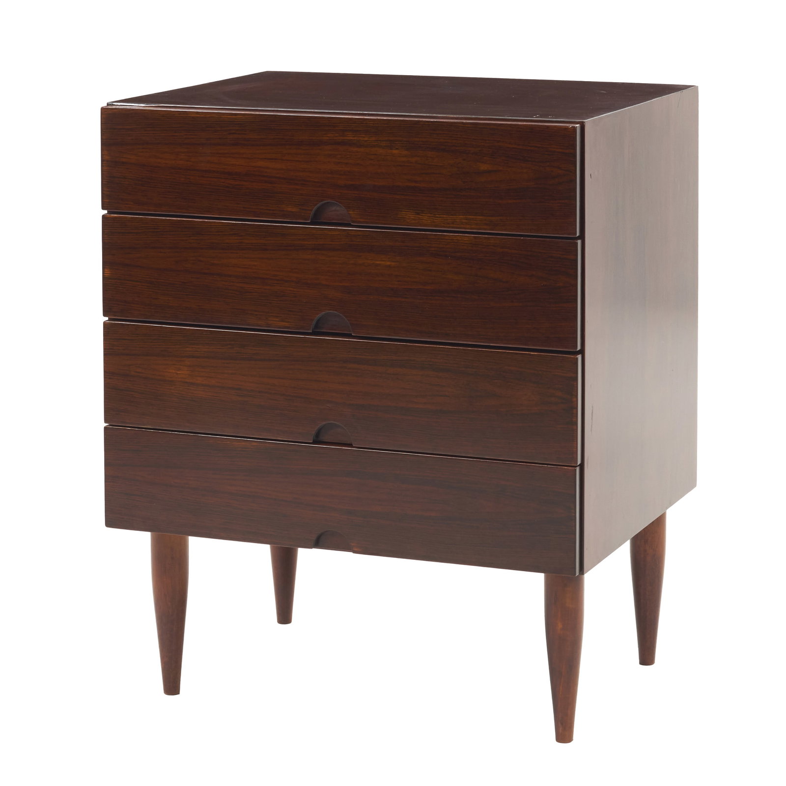 DANISH WORK, c. 1960 - Cutlery cabinet: Denmark, c. 1960, made of pau-santo wood, four drawers with compartments and fittings lined with green velvet. Signs of use. Dimensions: 73 x 60 x 47 cm
