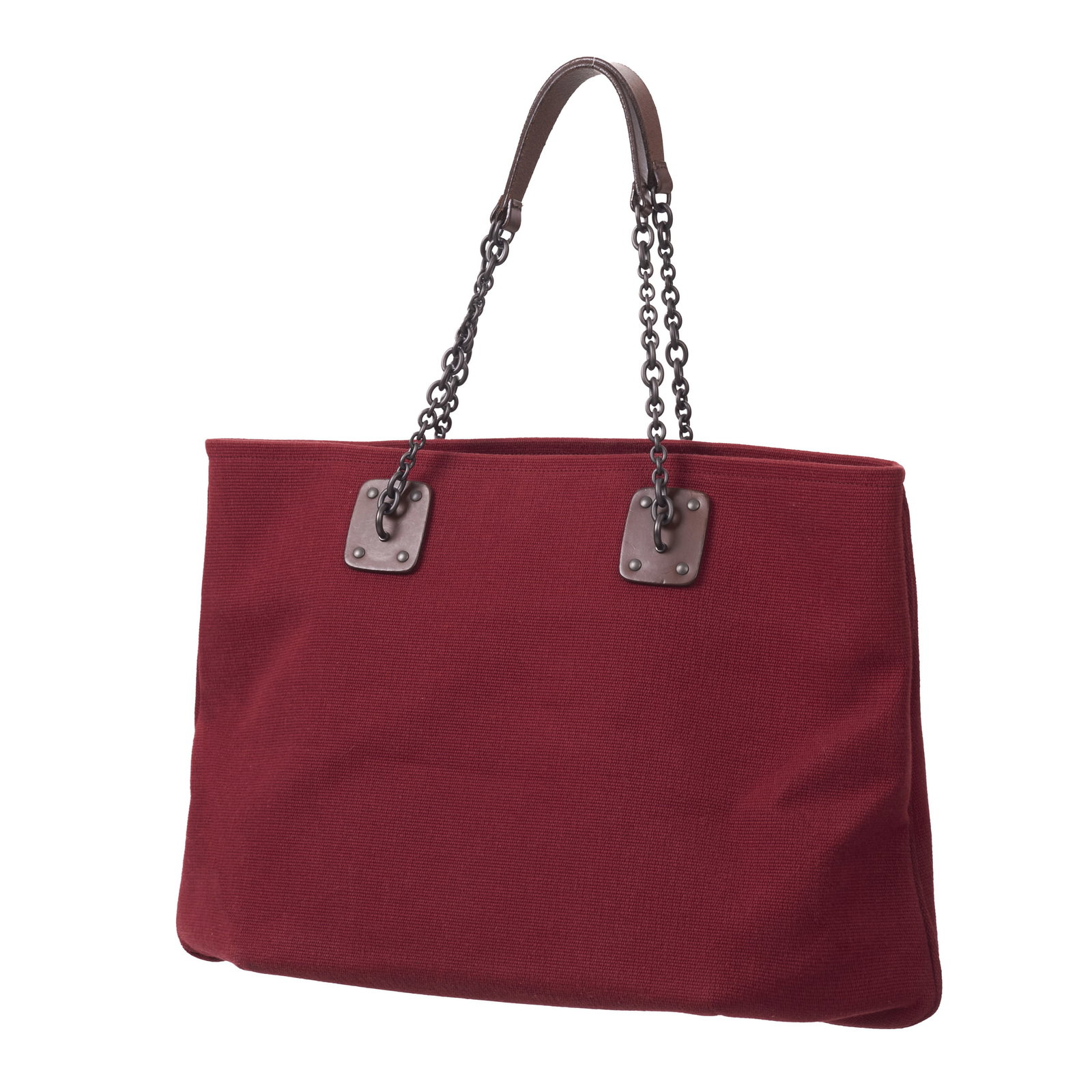 BOTTEGA VENETA - Tote bag: Red cotton canvas with brown leather detailing; dark metal fittings. Marked. Signs of use. Dim.: 30x47cm.