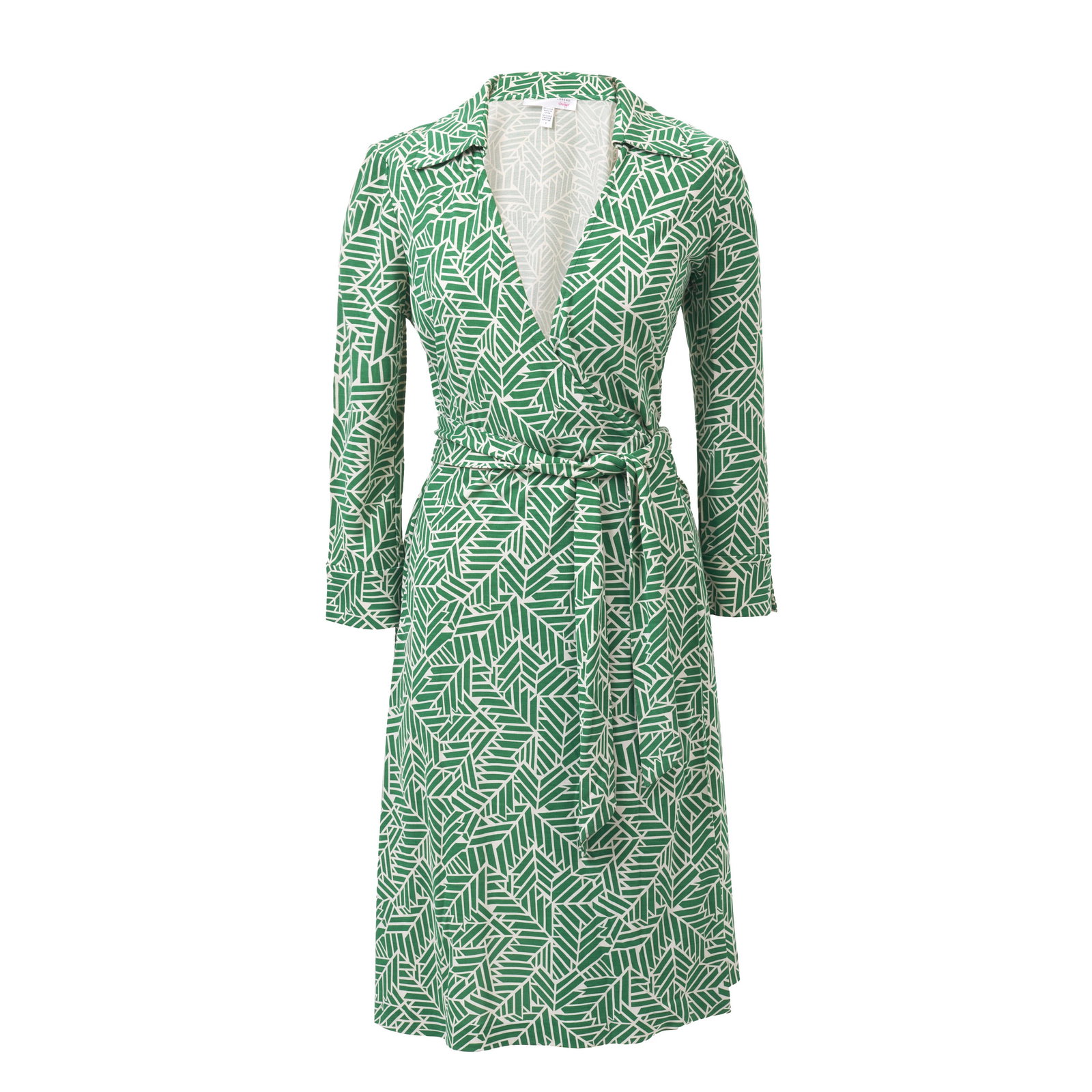 DIANE VON FURSTENBERG - 'Twig Green' Dress: Silk knit, tailored cut, geometric pattern. Diane Von FUrstenberg label. Signs of use. Size 8.