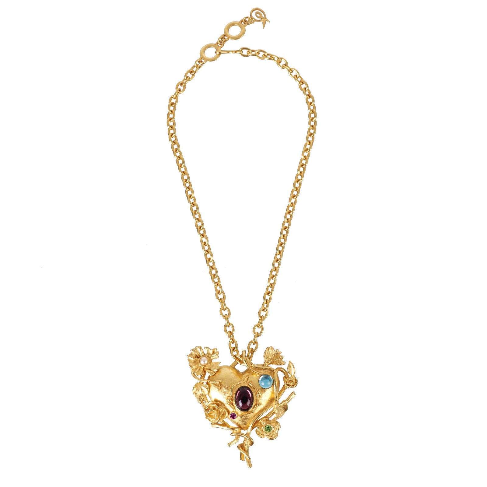 CHRISTIAN LACROIX - 'Heart' Necklace: Gold-coloured metal in the shape of a heart, with a mirror surface, embossed floral decoration and stone inlays. Marked. Signs of use. Dim. (closed): 32.5cm.