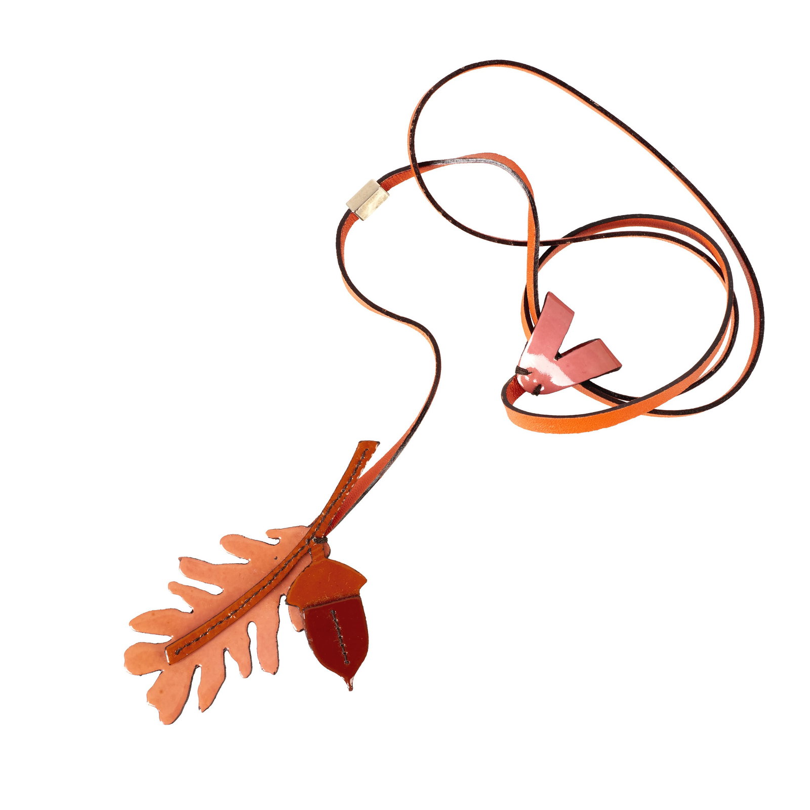 PRADA - 'Leaf and Acorn' bag charm: Orange leather. Marked 'Prada'. Original box. Signs of use. Dim.: 52cm.
