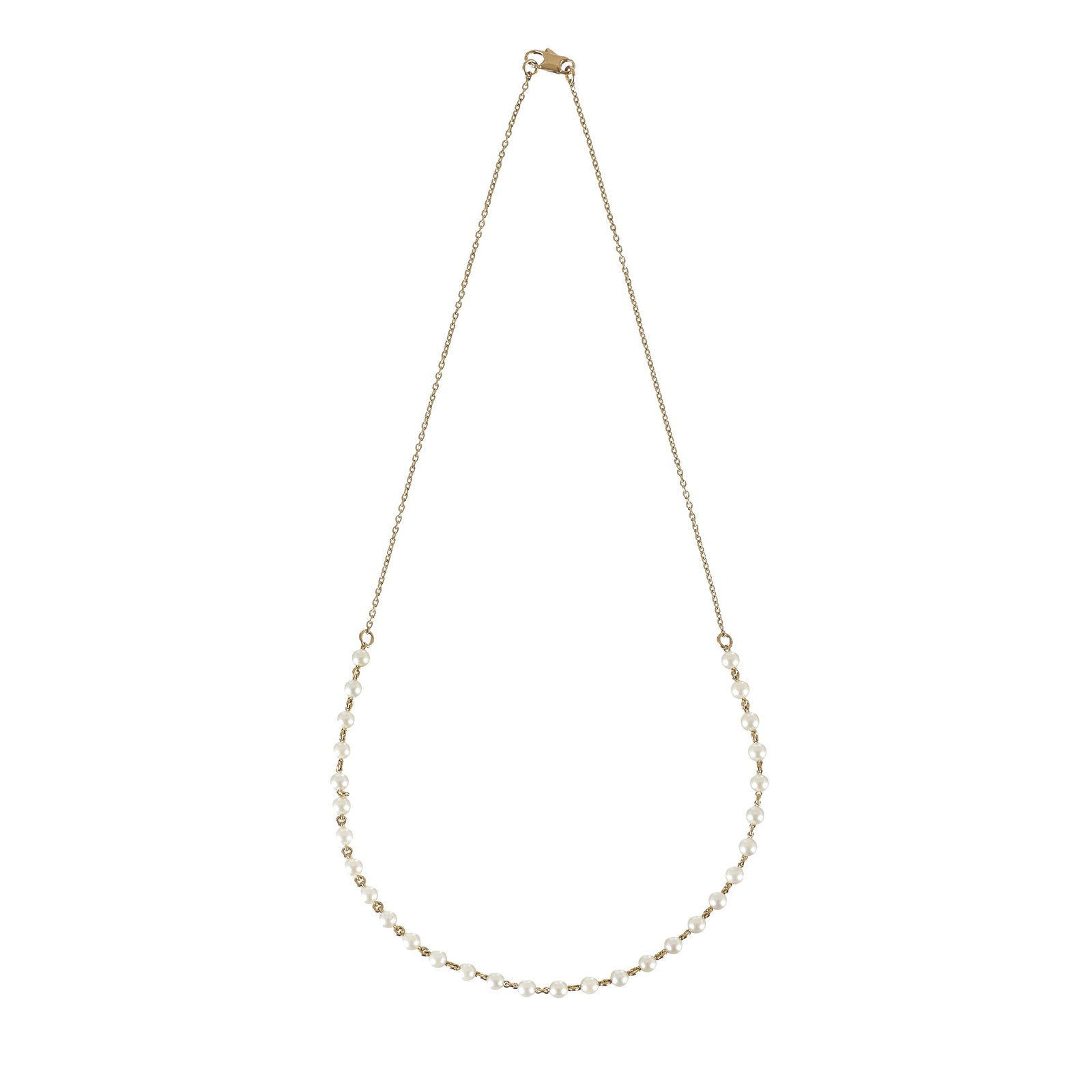 Gold necklace with pearls: Yellow gold, 800 deer contrast, with 30 pearls. Signs of use. Approx. weight: 6.8g. Dim. (closed): 22.5cm.