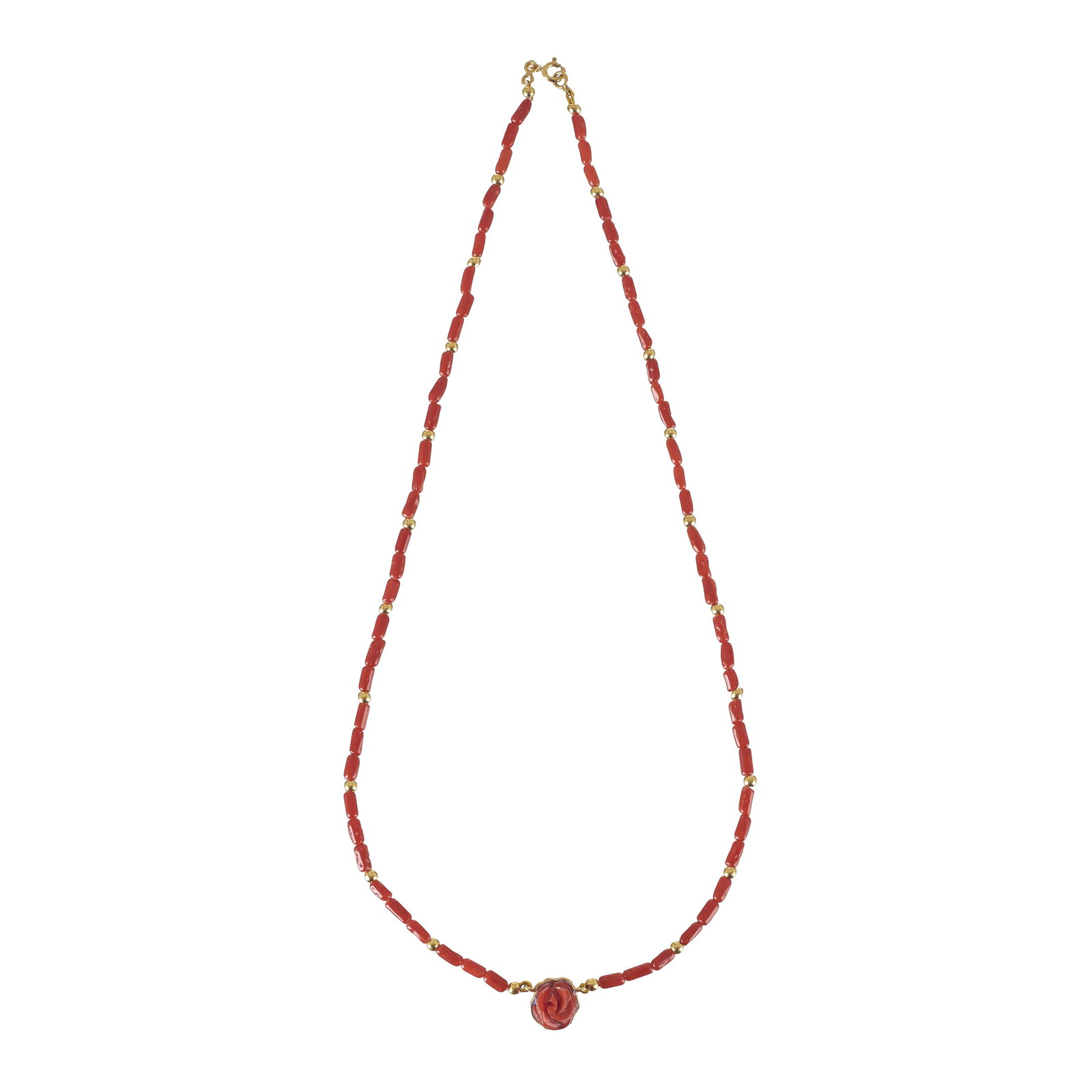 Gold-plated silver and coral necklace: 925 gold-plated silver, beads and a rose-shaped pendant in red coral. Signs of use. Approx. total weight: 8.9g. Dim.(closed): 24cm.