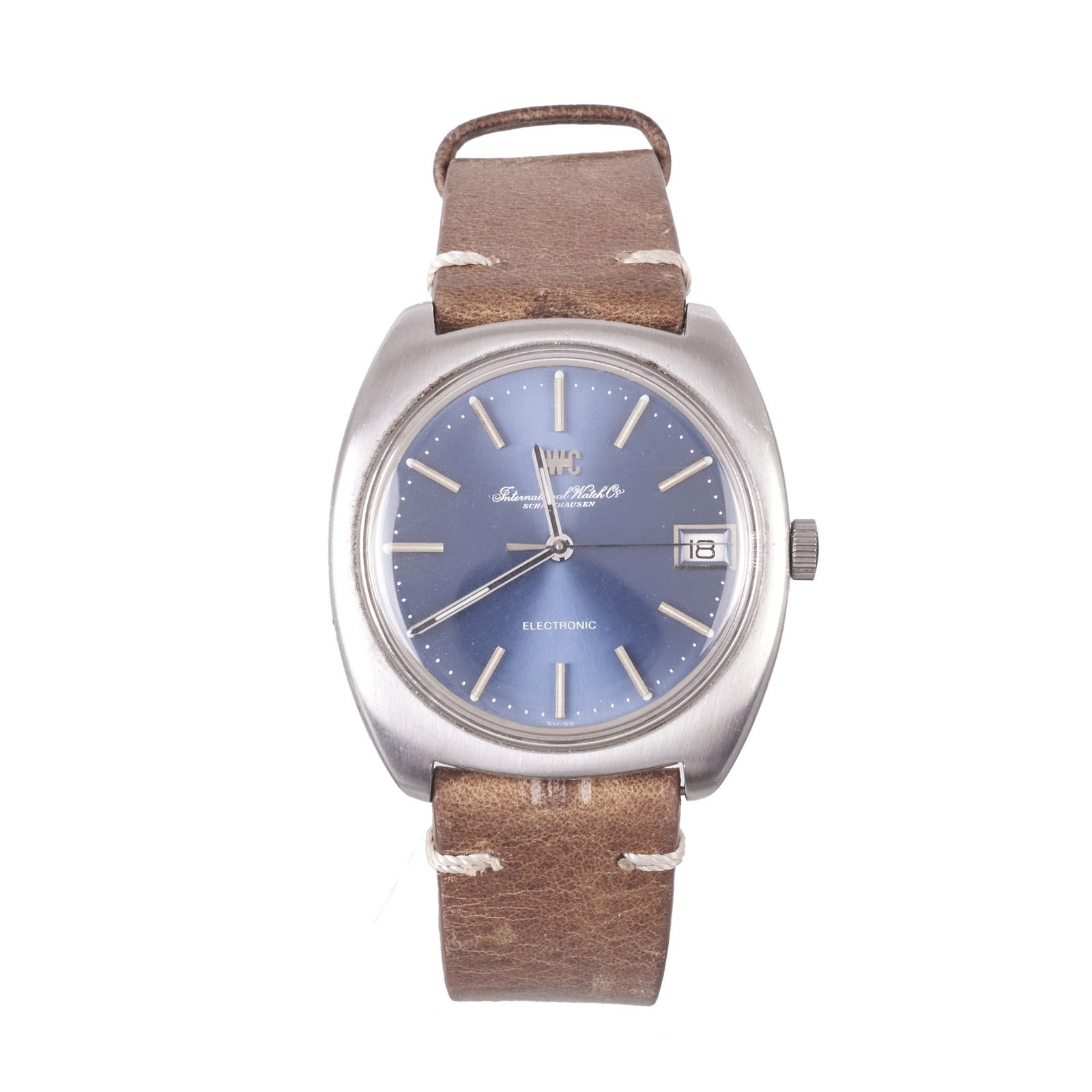 IWC- Electronic wristwatch ref 3402: Wristwatch, c.1970, steel case, 'tuning fork' quartz movement, with blue dial and calendar wheel. Reference number 2058143. Dedication on the back. Leather strap. Signs of wear. Dimensions: 36mm.