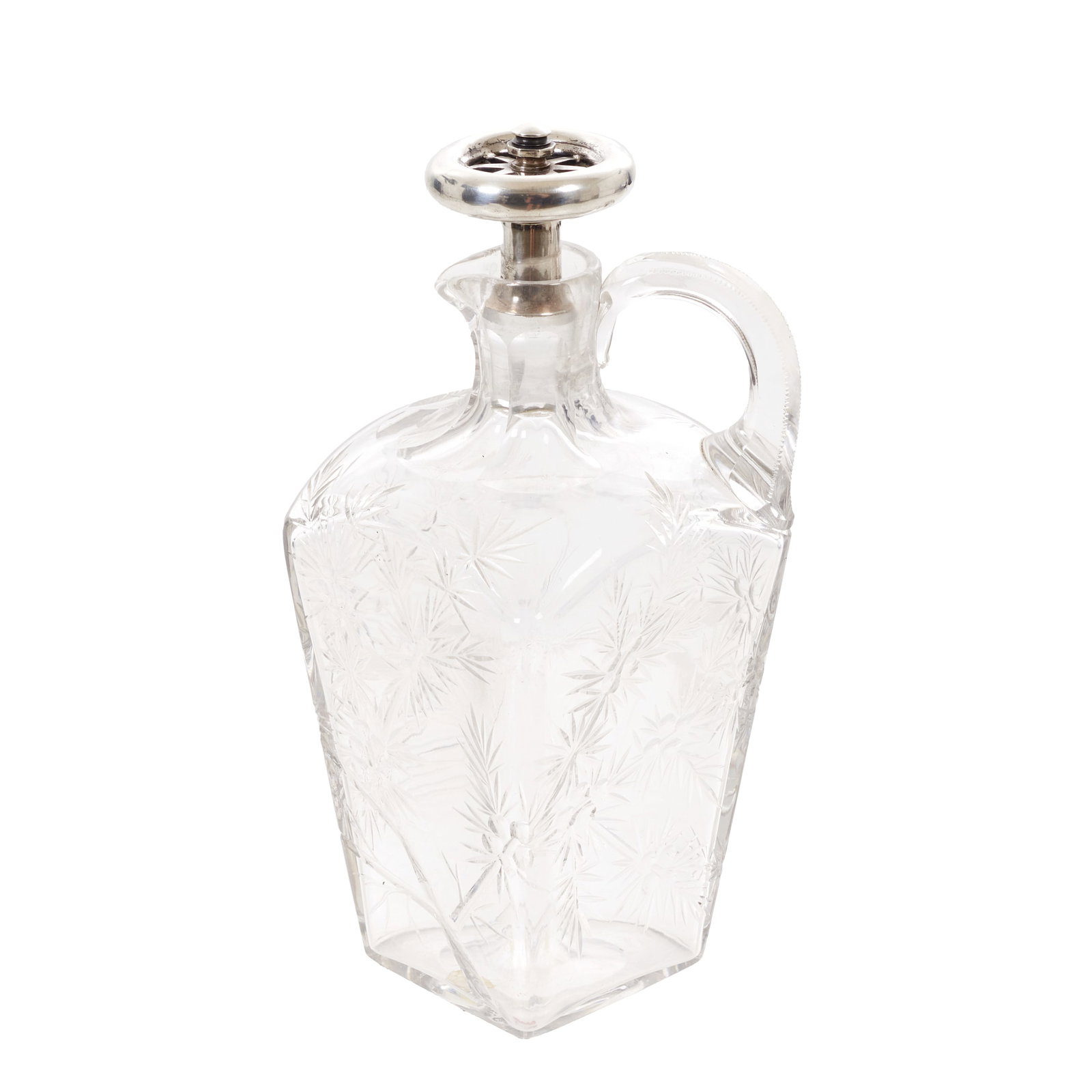 Crystal and silver bottle: English silver, London, faceted and cut crystal bottle, with a floral design. Signs of use. Approx. Weight: 74g (lid only) Dim.: 22.5cm.
