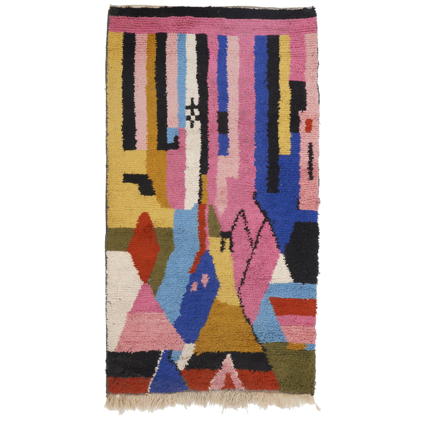 Boujaad Rug: Morocco, Boujad, c. 1980, polychrome wool and cotton yarn with abstract and geometric motifs. Signs of use. Dim.: 280x156cm.