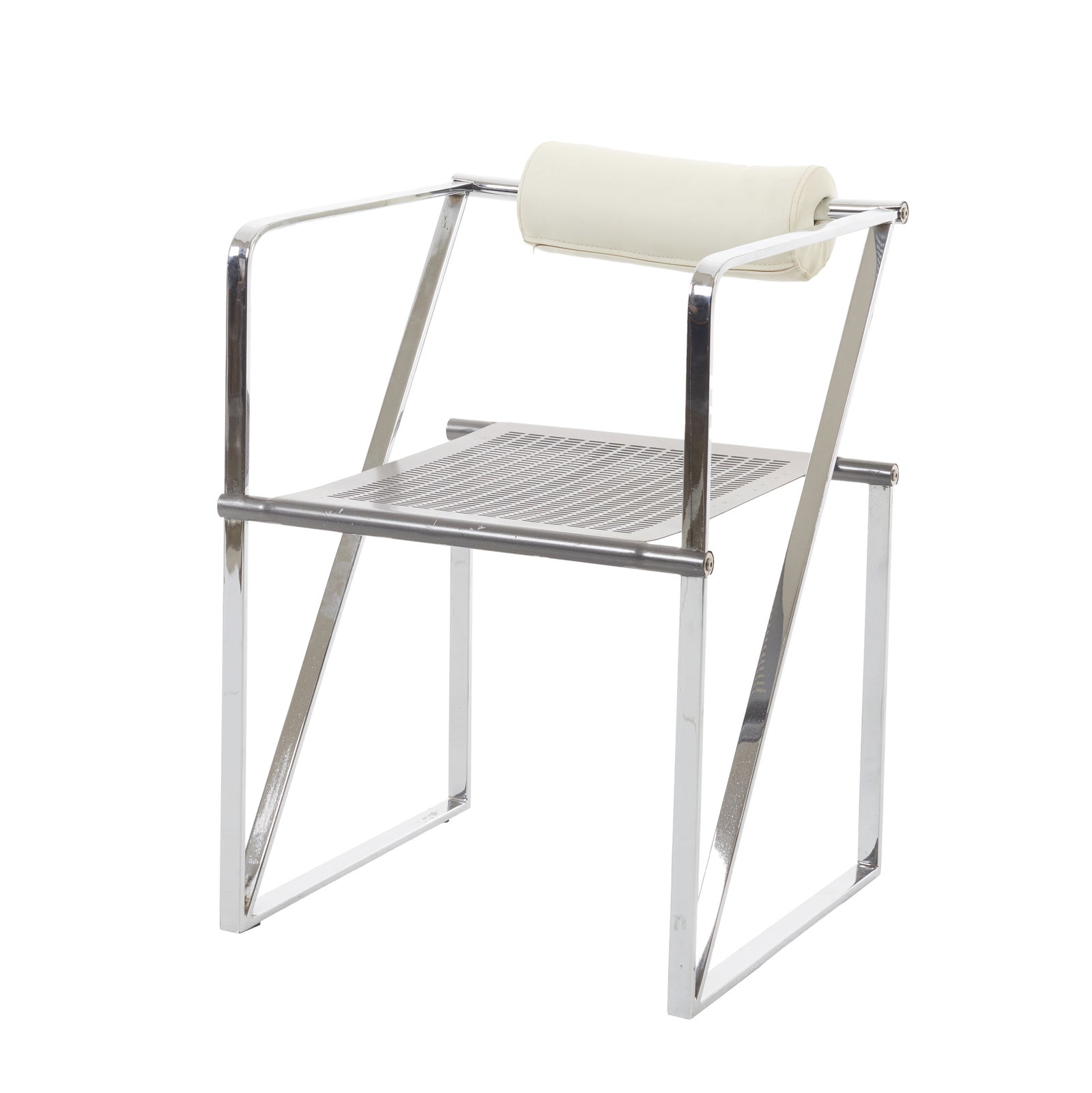 MARIO BOTTA (b. 1943) - 'Seconda' Chair: Italy, 1982, designed by Mario Botta for Alias; chrome-plated, perforated metal frame, cylindrical backrest in polyurethane upholstered in white leather. Signs of use. Dim.: 74x52.5x50.5cm.