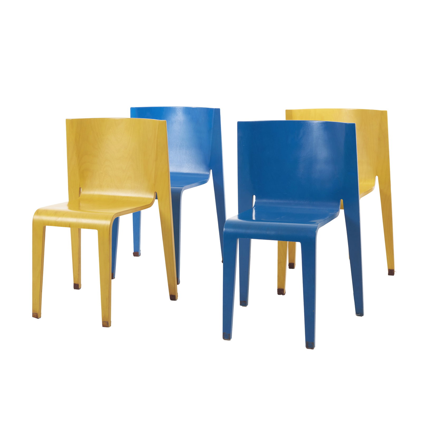 TIMO SAARNIO (b. 1944) - Set of four 'UNA' chairs: Finland, c. 1990, designed by Timo Saarnio for P. O. Korhonen; moulded plywood, two blue chairs and two yellow chairs. Signs of use. Dim.: 80x52x50cm.