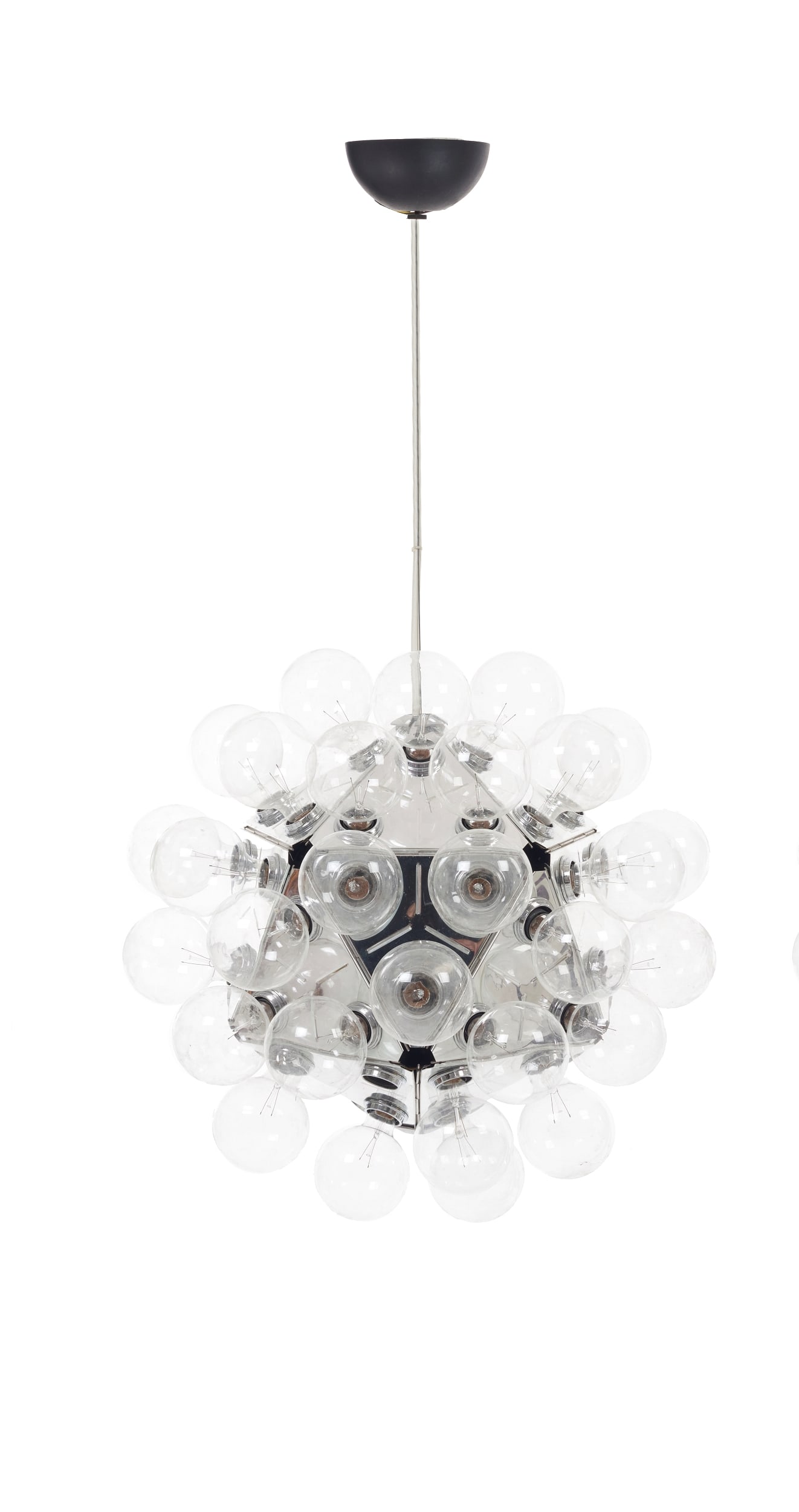 ACHILLE CASTIGLIONI (1918-2002) - 'Taraxacum 88' Ceiling Lamp: Italy, 1988, 'FLOS' edition, pendant light with a modular structure comprising 20 pressed aluminium triangles, fitted with sockets for 60 Globolux bulbs. Electrified. Signs of use. Dim.: 55x80cm.