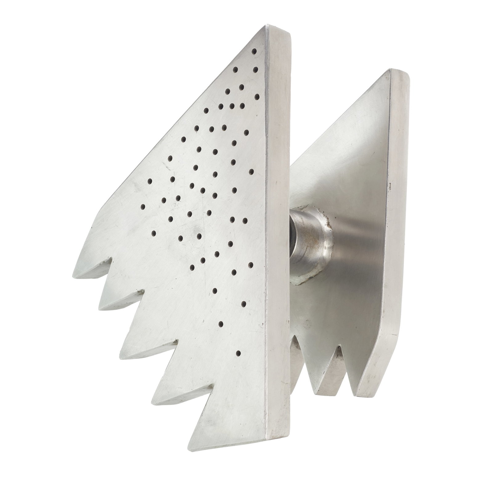 ITALIAN WORK, c. 1980 - Handle for glass door: Italy, c. 1980, designer piece in brushed stainless steel, asymmetrical triangular shape with serrated edges; geometric pattern of micro-perforations. Signs of use. Dim.:20x17.5x5 cm