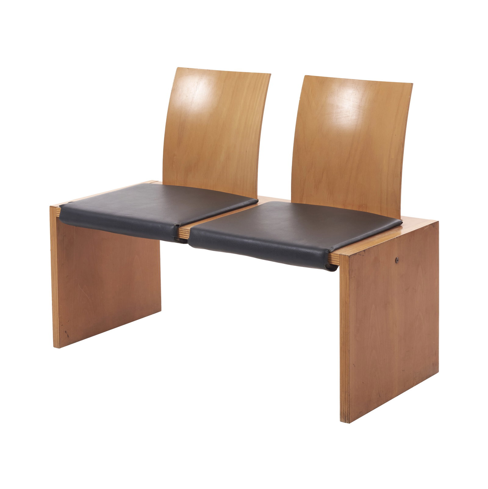 FROSCHER - Two-seater modular sofa: Germany, c. 1990, frame made of pressed beech plywood, seat upholstered in black nappa leather. FrOscher GmbH & Co. KG label. Signs of use. Dim.: 80.5 ? 106 ? 49 cm