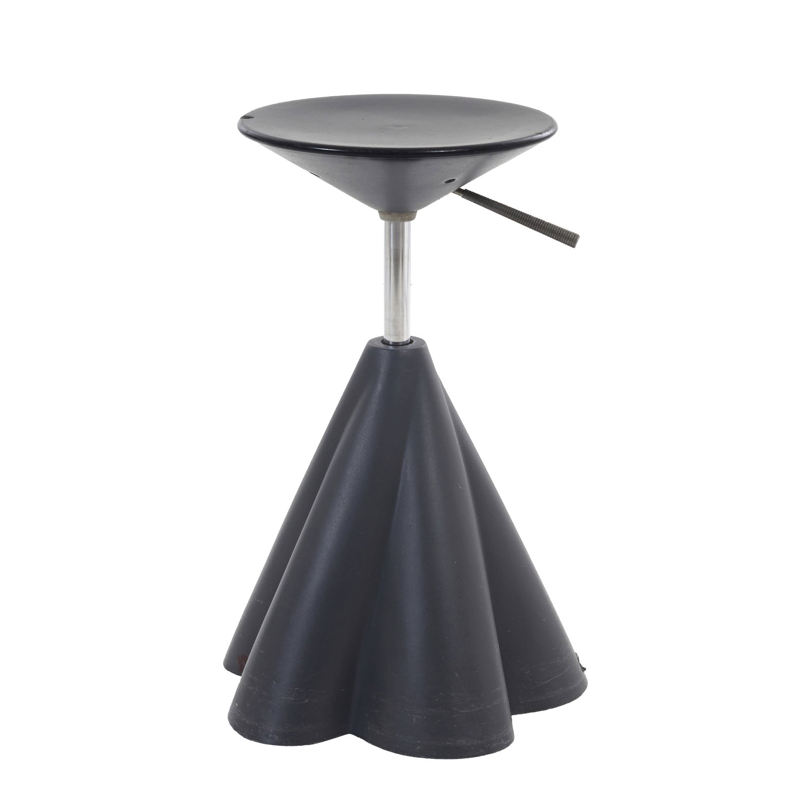PHILIPPE STARCK (b. 1949) - 'Indispensabili' stool: France, 1989, designed by Philippe Starck for Presence Paris/L'Oreal; made of moulded plastic, dark grey, with chrome-plated parts; adjustable; castor feet. Signs of use. Dim.: 63.5 x 36 cm