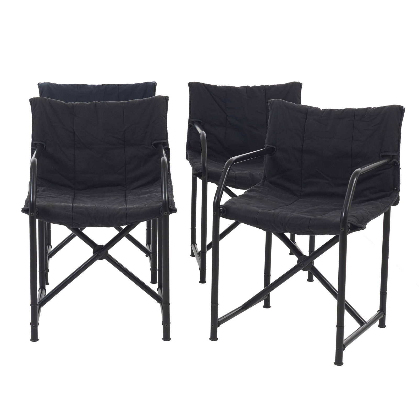 BONALDO - Set of four 'Regista' chairs: Italy, c. 1980, director's chairs in black lacquered tubular metal with an X-shaped locking mechanism, foldable, with a seat and backrest in black padded fabric. Signs of use and wear. Dim.: 82x50x50c