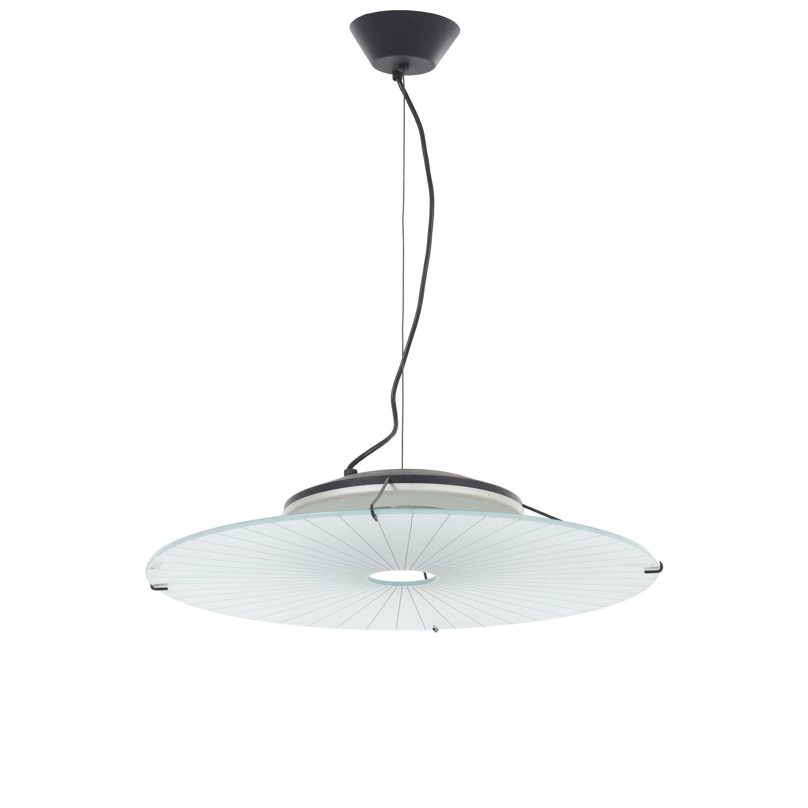 STEFANO CEVOLI (1929-1991) - Ceiling lamp: Italy, c. 1980, flat disc made of frosted glass with a linear engraving of concentric lines, central structure in black lacquered metal. Marked. Signs of use. Dim.: 60cm.