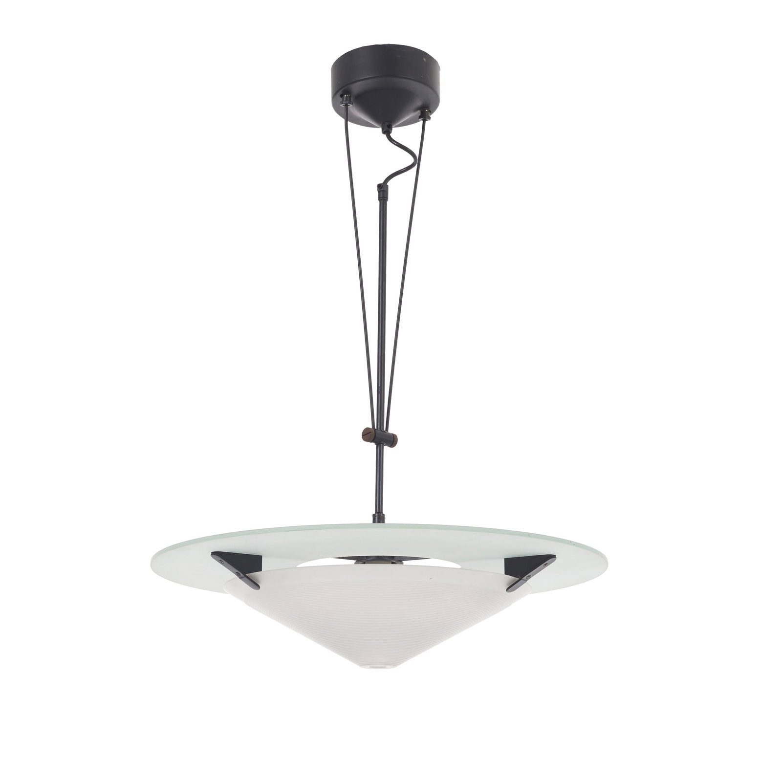 LAMIPROGETTI - Pair of ceiling lights: Italy, c. 1980, black lacquered metal frame; flat top disc in frosted/sandblasted Murano glass with a conical lower dome in white opal glass. Plugged in. Signs of use. Dim.: 72 x 55.5 cm or 106 (max. 