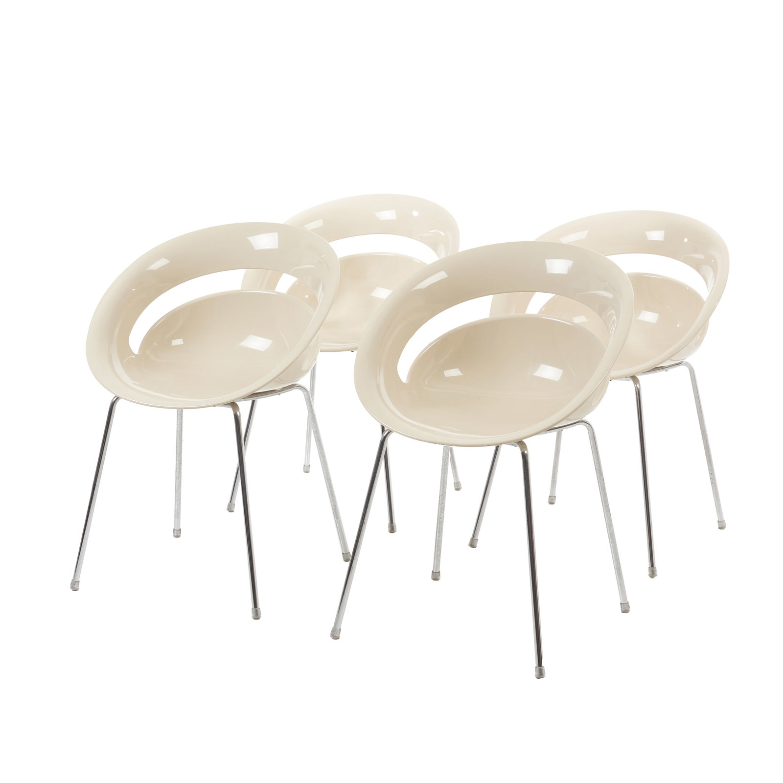 ARYK LEVI - Four 'Tina' chairs: Italy, c. 2000, designed by Aryk Levi for Softline; in white moulded polycarbonate with four chrome-plated metal legs. Signs of use. Dim.: 80x58x50cm.