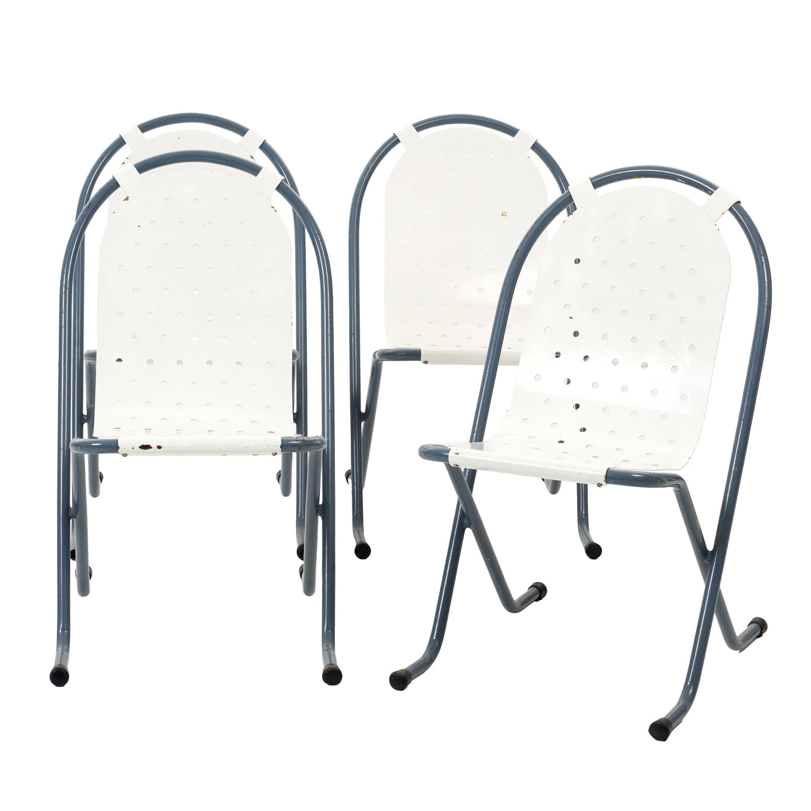 ADICO - Set of four metal chairs: Portugal, c.19380, tubular steel frame with epoxy paint, seat and backrest in perforated sheet metal. Signs of use and rust. Dim.: 78x46x54cm.