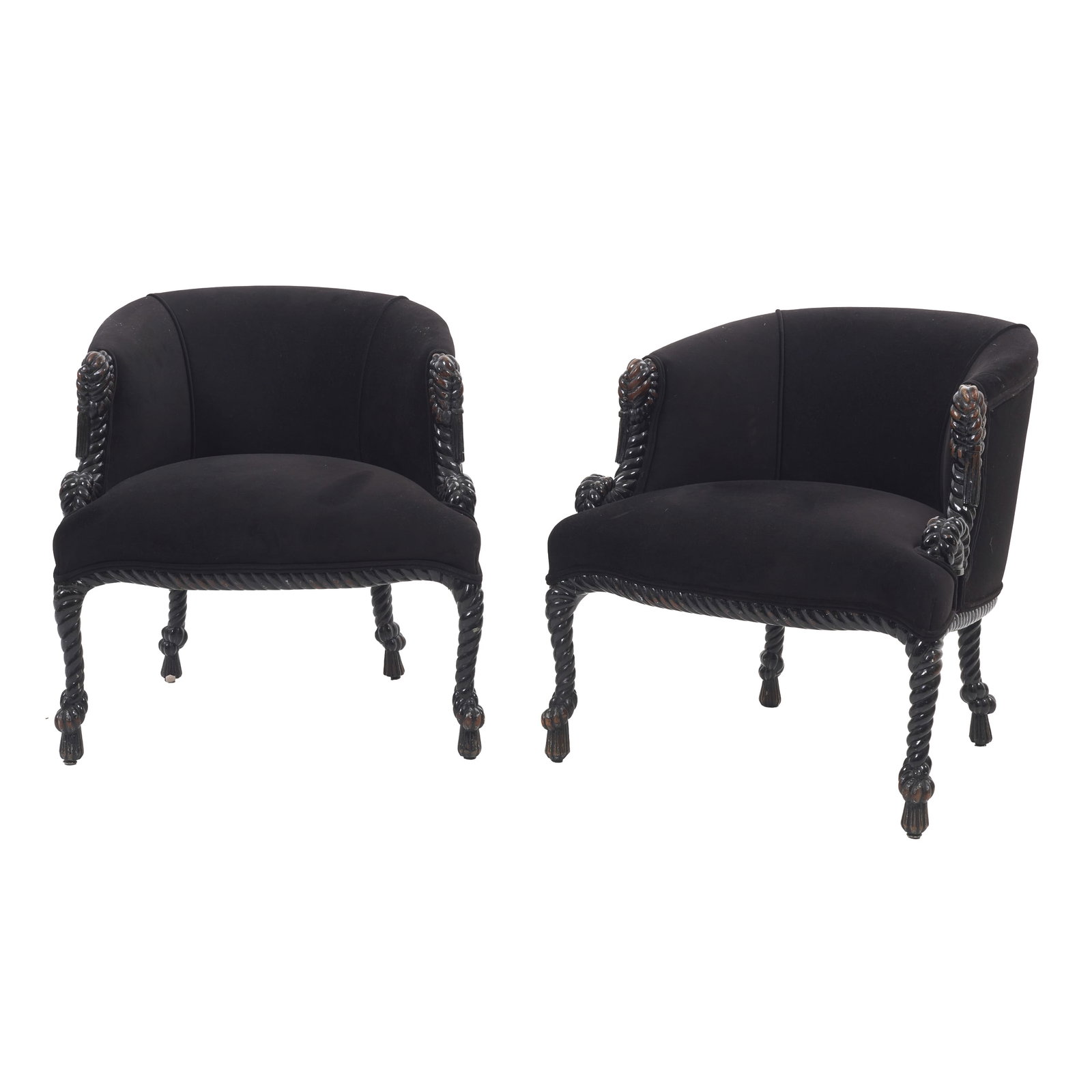 Style of A.M.E. FOURNIER - Pair of Napoleon III style Armchairs: France, c. 1980, mahogany frame carved in the shape of na intertwined rope with decorative knots; upholstered in beige velvet. Signs of use. Dimensions: 75.5 x 68 x 70 cm