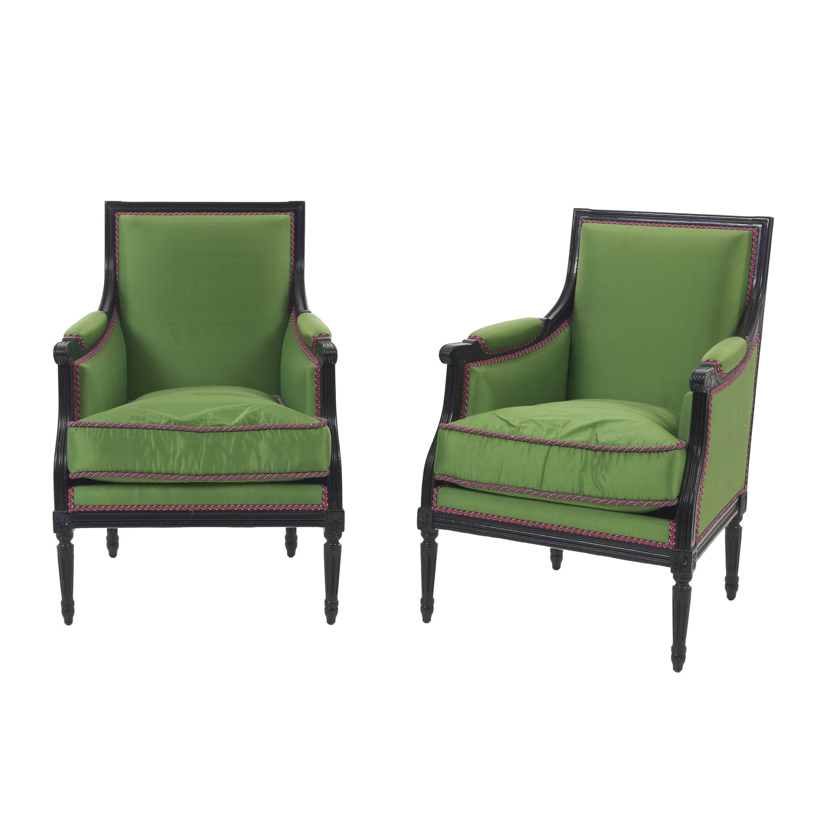 FRENCH WORK, c. 1990 - Pair of Louis XVI-style armchairs: France, c. 1990, carved wood lacquered black, upholstered by Maison Romeu in green satin fabric, with two-tone trimmings. Signs of use. Dim.: 91x62.5x67cm.