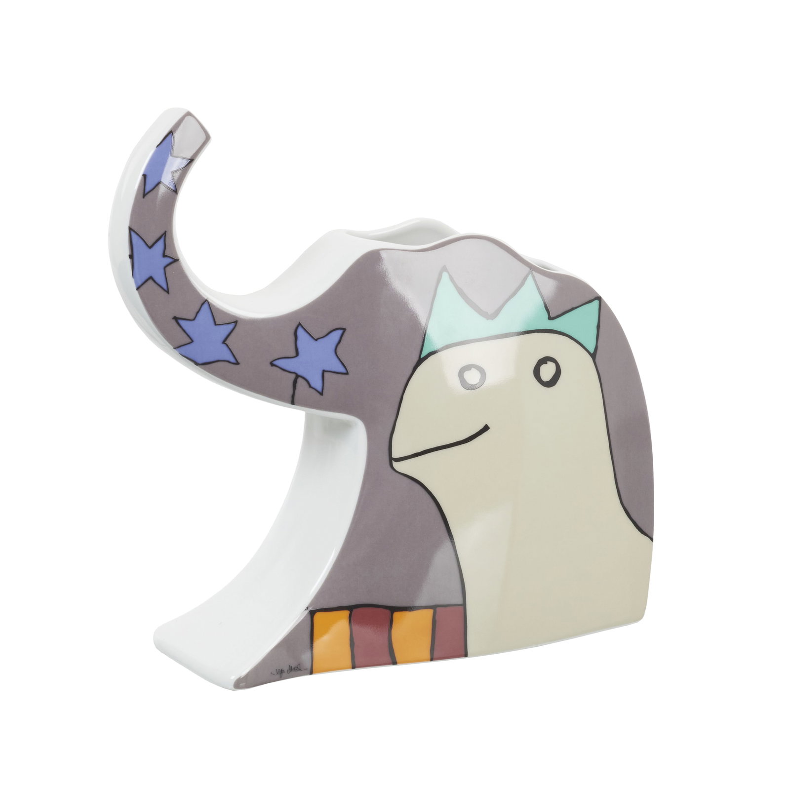 JOHAN VAN LOON (1934-2020) - 'Elephant' Vase: Germany, c. 1980/90, designed by Johan Van Loon for Rosenthal; elephant-shaped, with polychrome glazed decoration depicting a stylised zoomorphic figure and a star pattern. Marked and signed. Signs