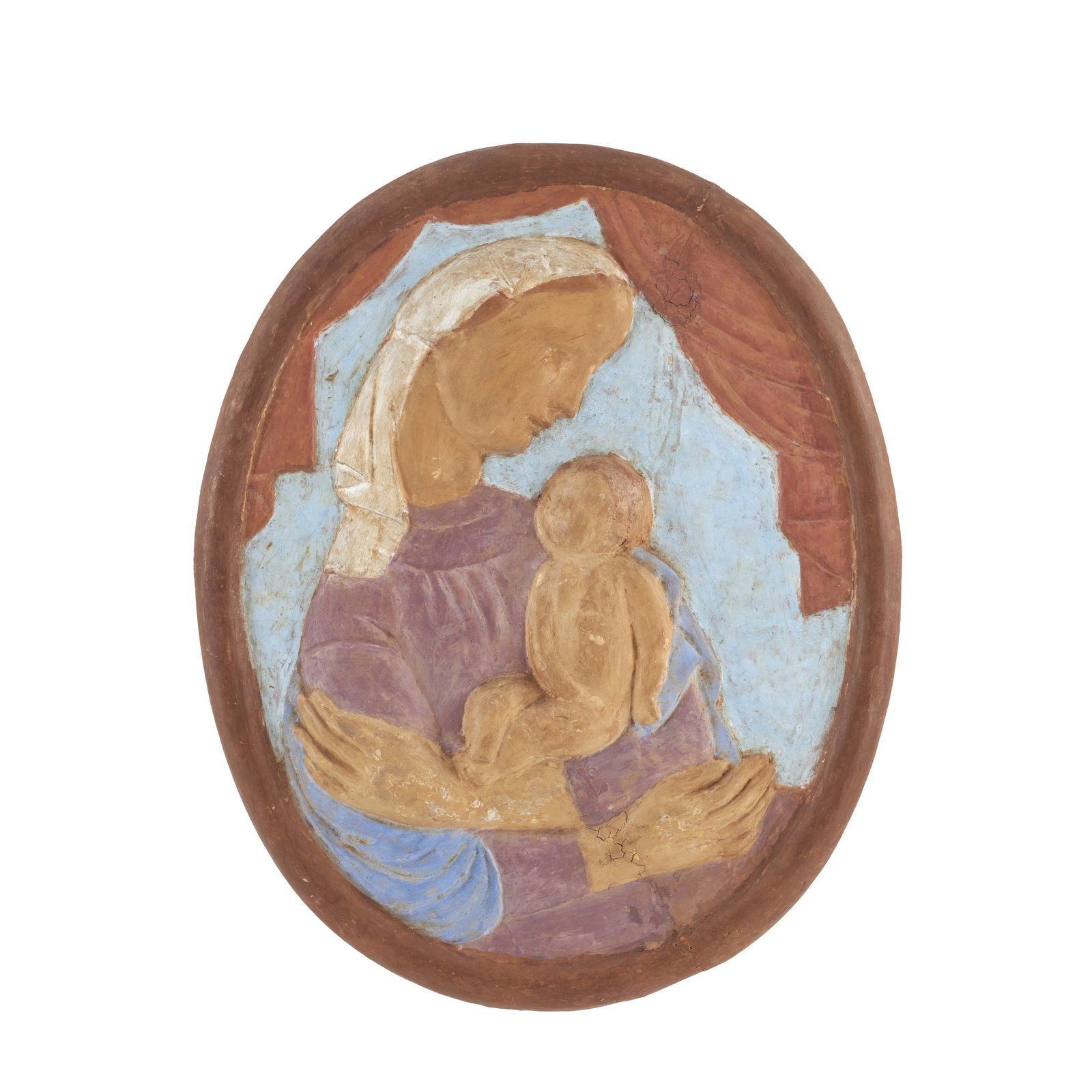 JORGE BARRADAS (1894-1971) - Our Lady with the Child: Polychrome terracotta plaque. Signed. Signs of use, hairline restored. Dimensions: