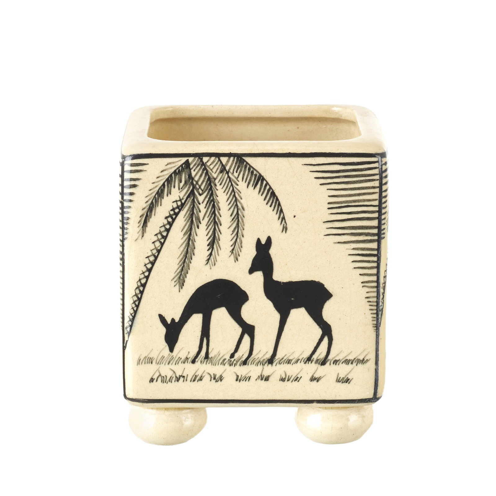 ALELUIA - 'Roe deers' Pot: Manufactured by Aleluia, Aveiro, c.1945/55, polychrome glazed decoration depicting roe deers in a landscape. Marked. Signs of use. Dim.: 11x9x9cm.