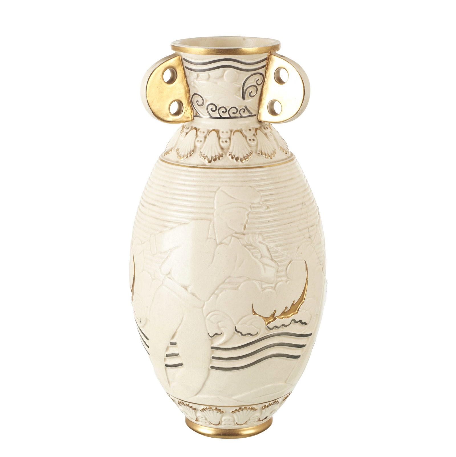 ALELUIA - 'Fishermen' Vase: Manufactured by Aleluia, Aveiro, c. 1950, featuring a monochrome beige relief decoration with gold and silver details, depicting fishermen from the Ria de Aveiro. Marked. Signs of use. Dim.: 30cm.